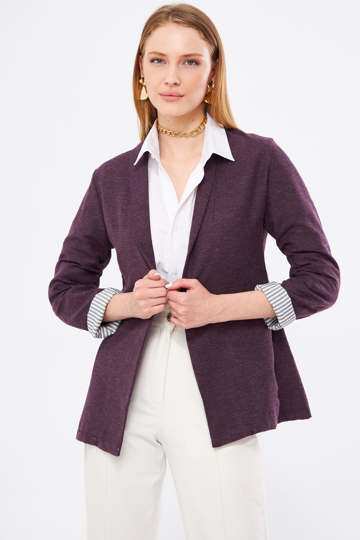 Kadın Mürdüm Kol İçi Çizgili Tek Düğmeli Ceket ARM-22K001122