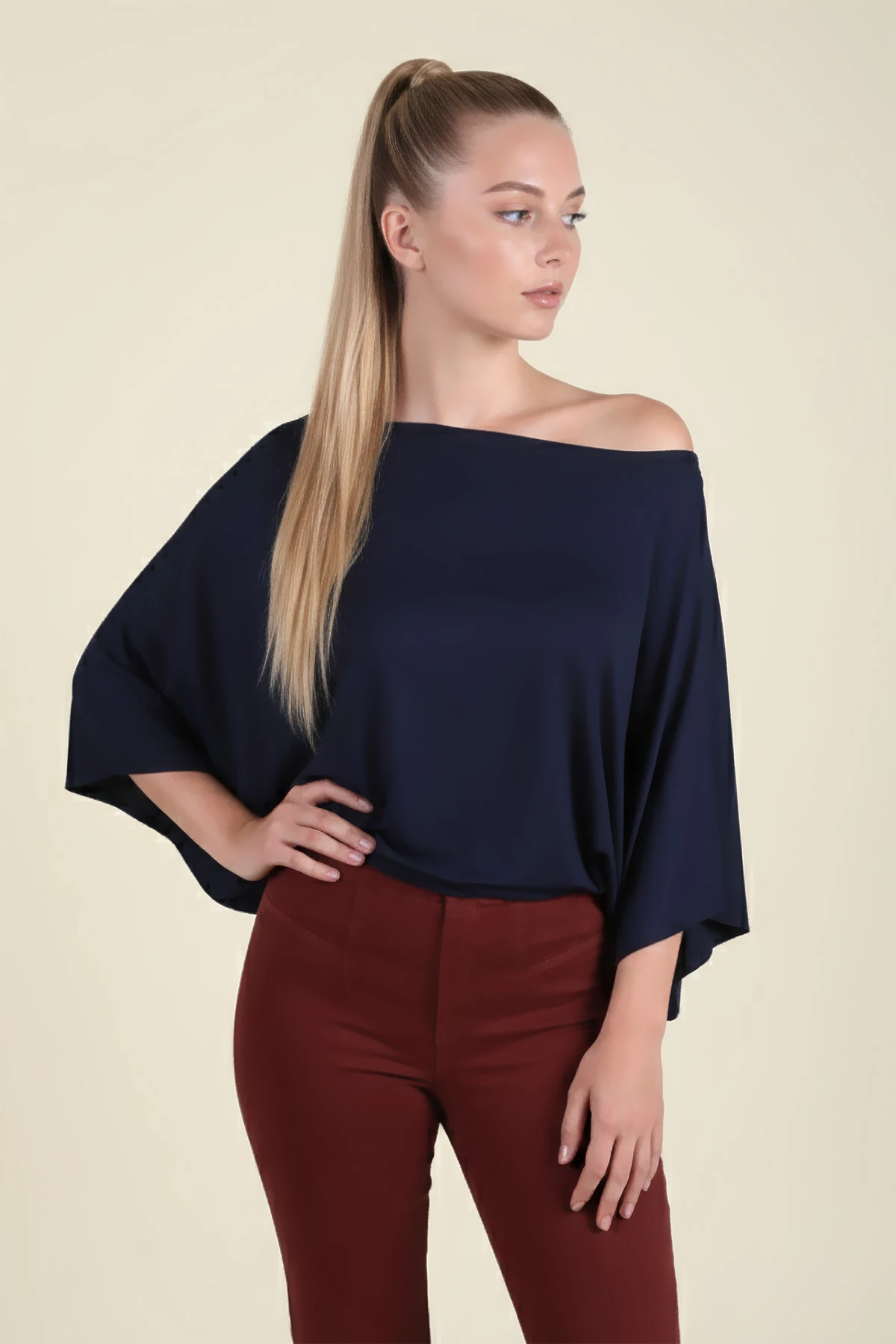 Kadın Lacivert Kayık Yaka Yarasa Kol Bluz ARM-26K042018