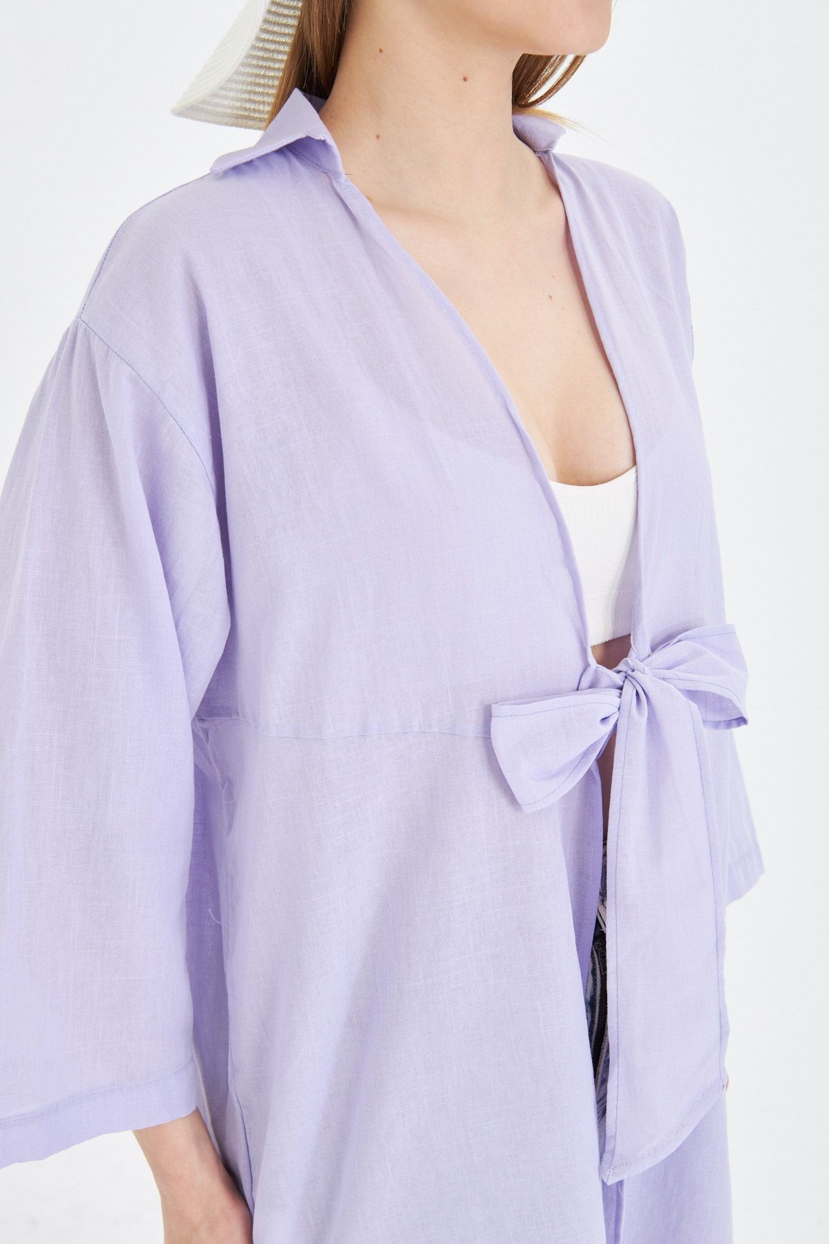 Kadın Lila Önden Bağlamalı İnce Keten Kumaş Midi Boy Kimono Gömlek ARM-24Y001081