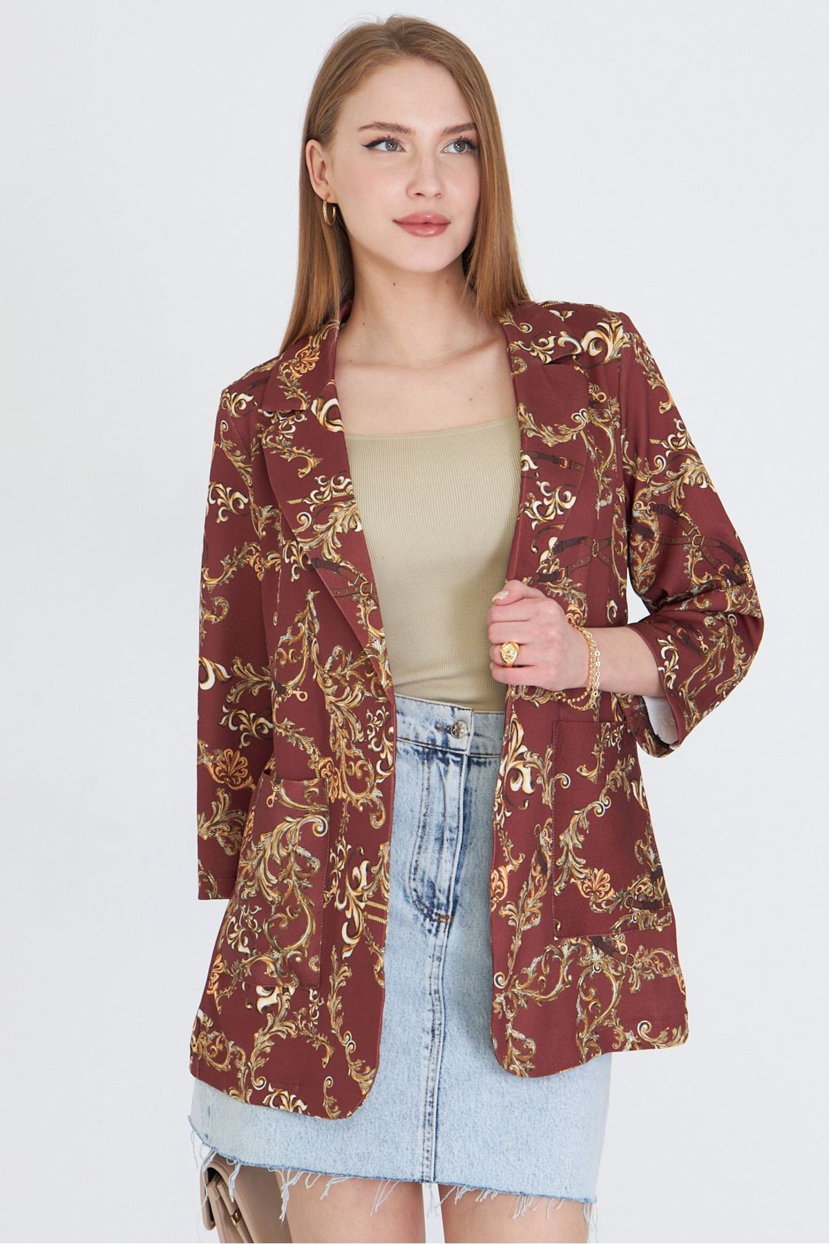 Kadın Açık Kahve Cepli Oversize Ceket ARM-25Y001057