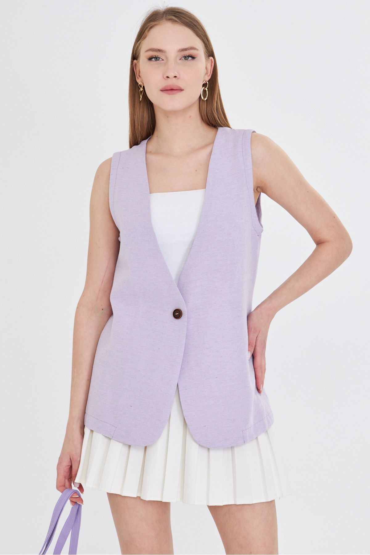 Kadın Lila V Yaka Tek Düğme Oversize Yelek ARM-25Y001036