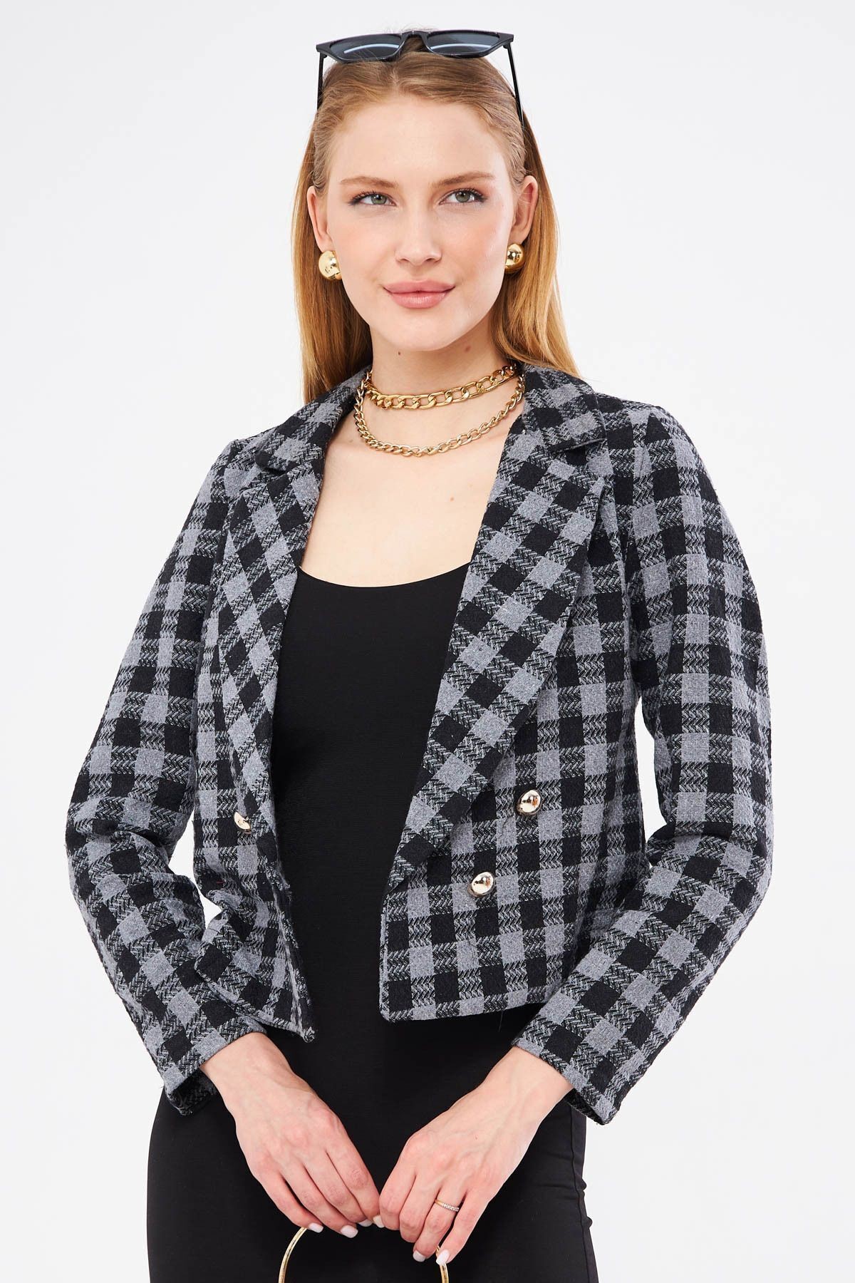 Kadın Füme Kruvaze Yaka Tüvit Crop Ceket ARM-24K001014