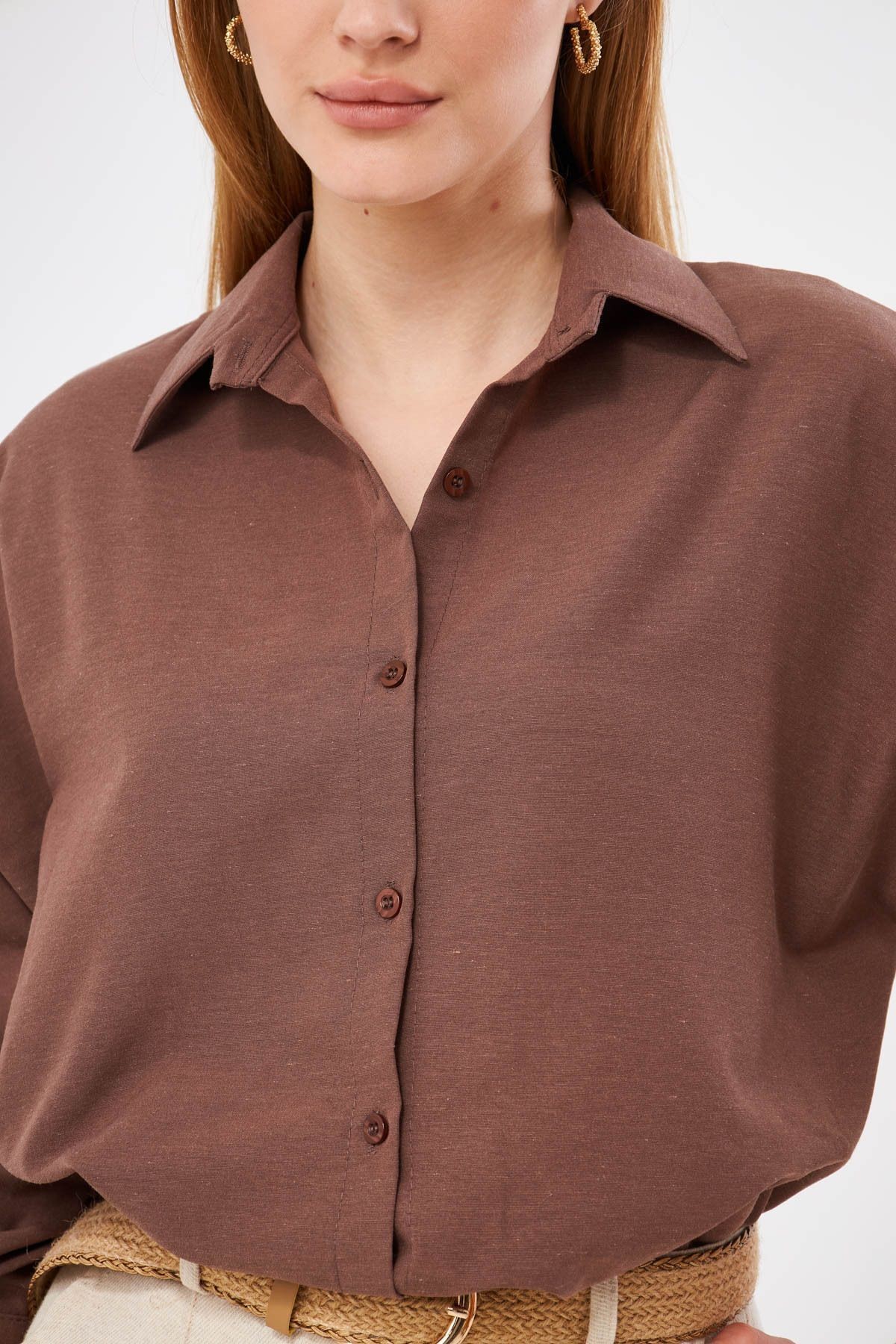 Kadın Kahve Oversize Uzun Basic Gömlek ARM-22Y001118