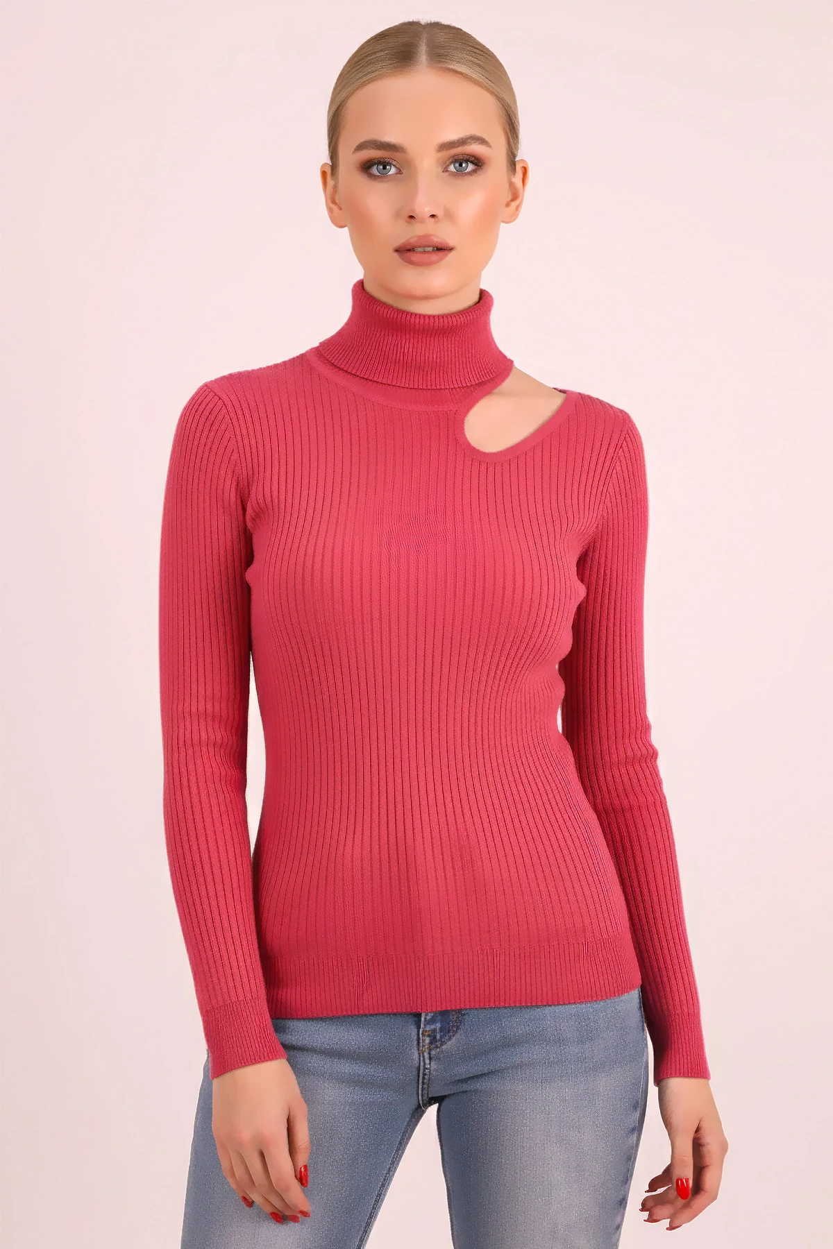 Kadın Fuşya Balıkçı Yaka Tek Omuz Dekolteli Triko Kazak ARM-26K136067