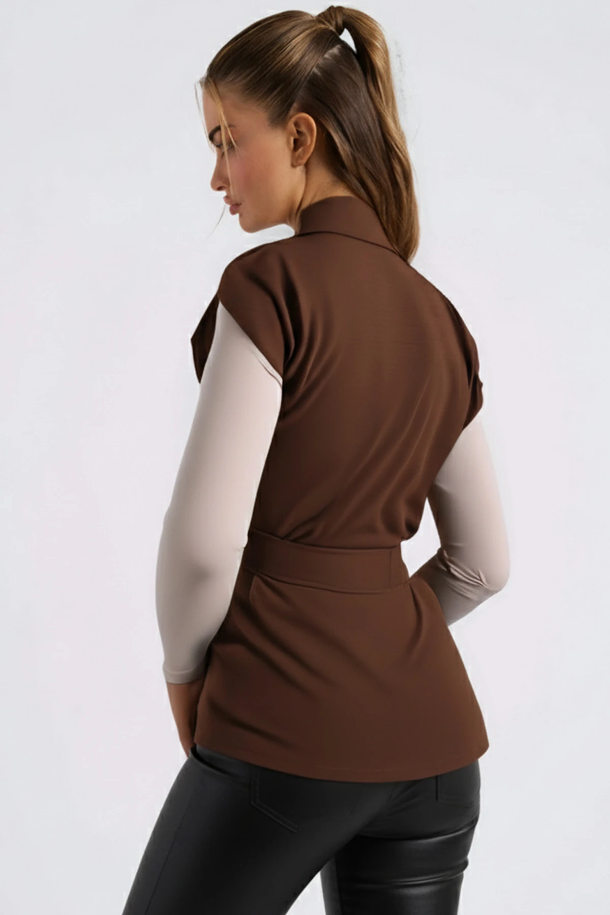 Kadın Koyu Haki Erkek Yaka Beli Kuşaklı Keten Görünümlü Yelek ARM-25Y001079