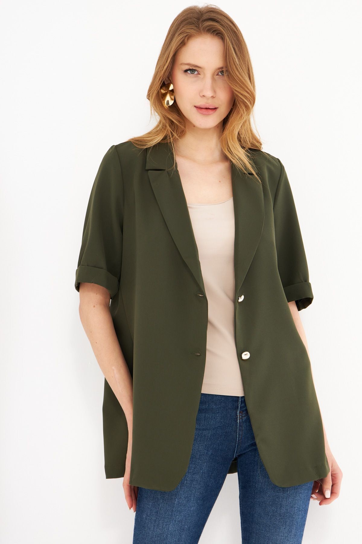 Kadın Haki Kısa Kol İki Düğmeli Oversize Ceket ARM-23Y001034