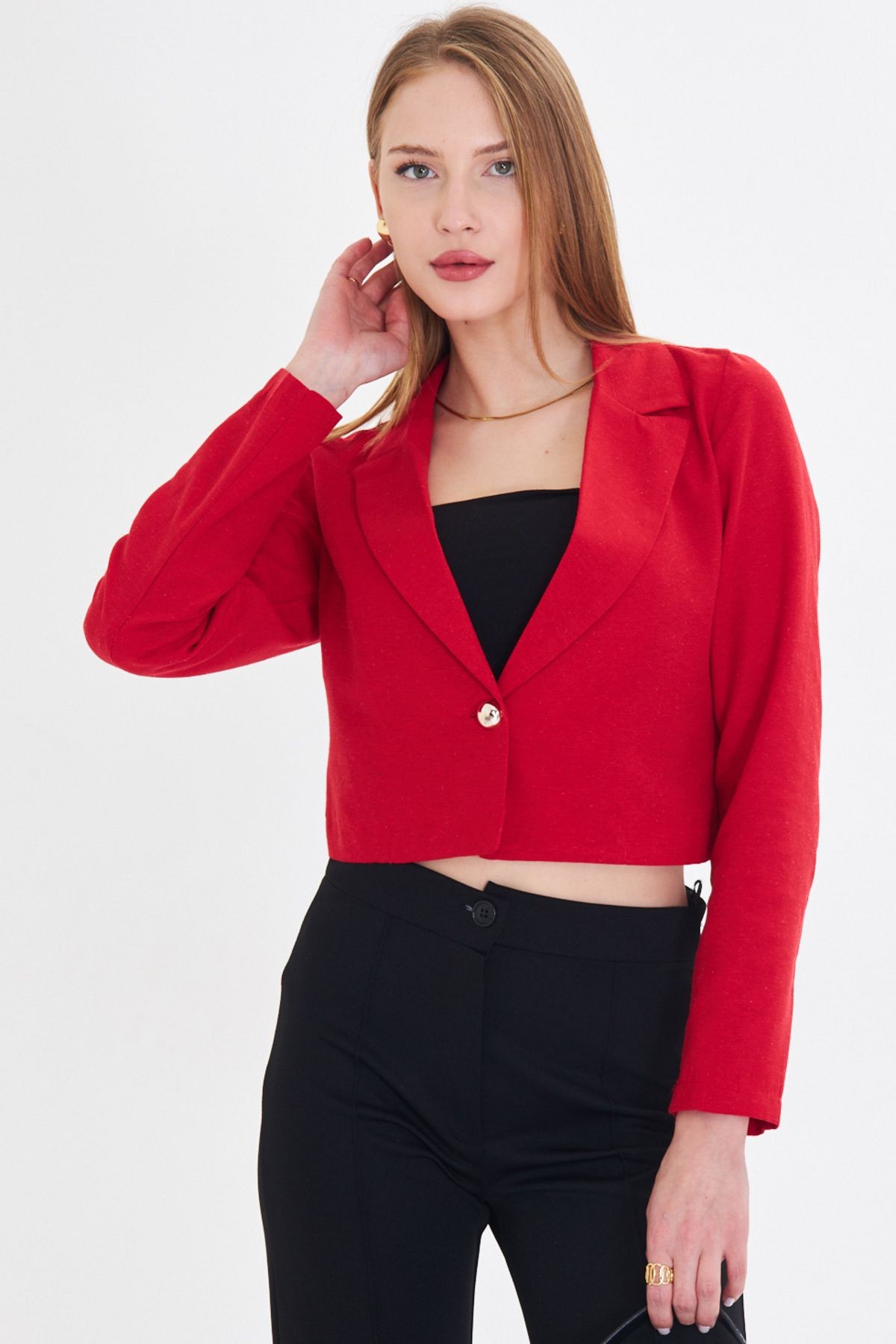 Kadın Kırmızı Tek Düğmeli Crop Ceket ARM-23Y001064