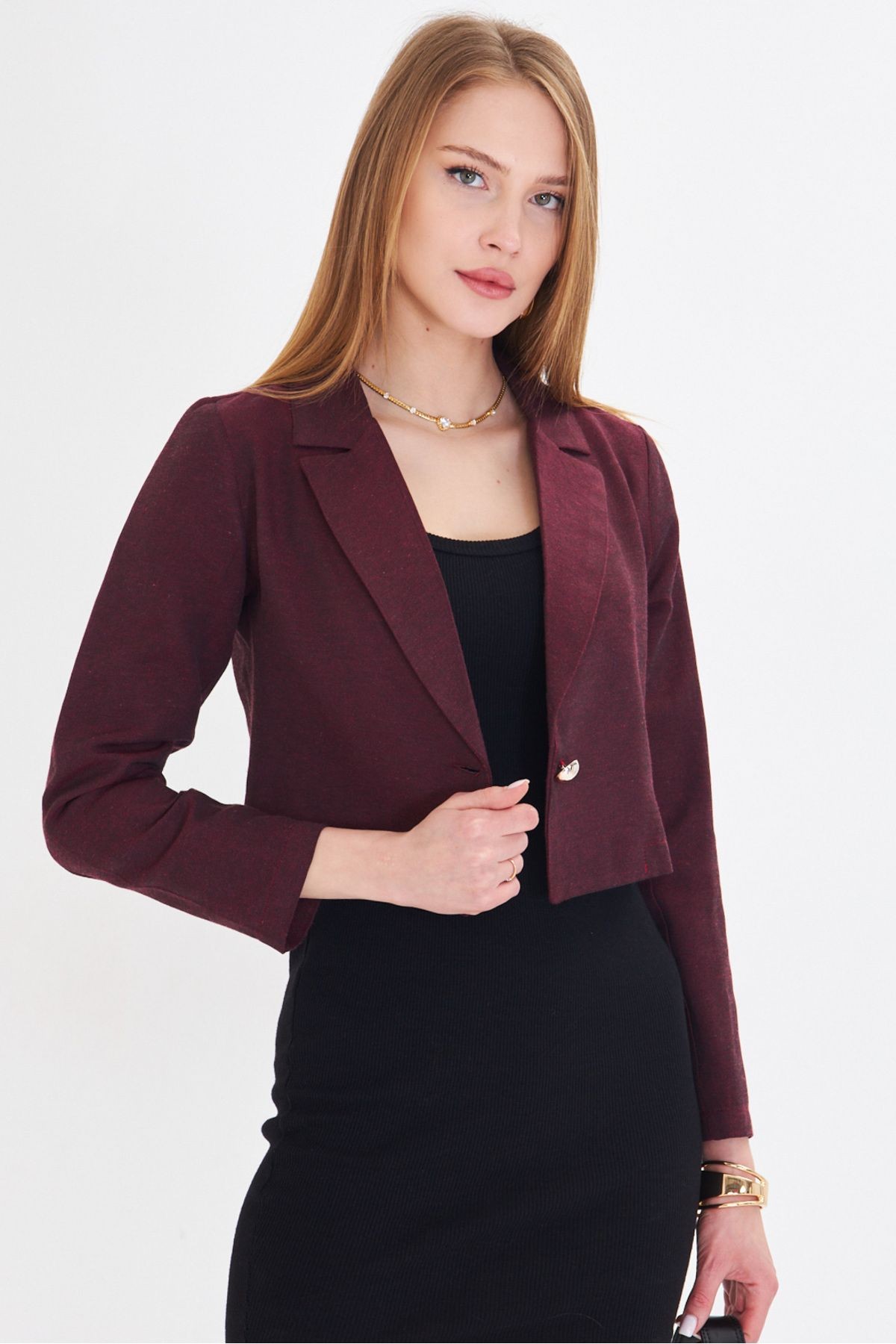 Kadın Bordo Tek Düğmeli Crop Ceket ARM-23Y001064