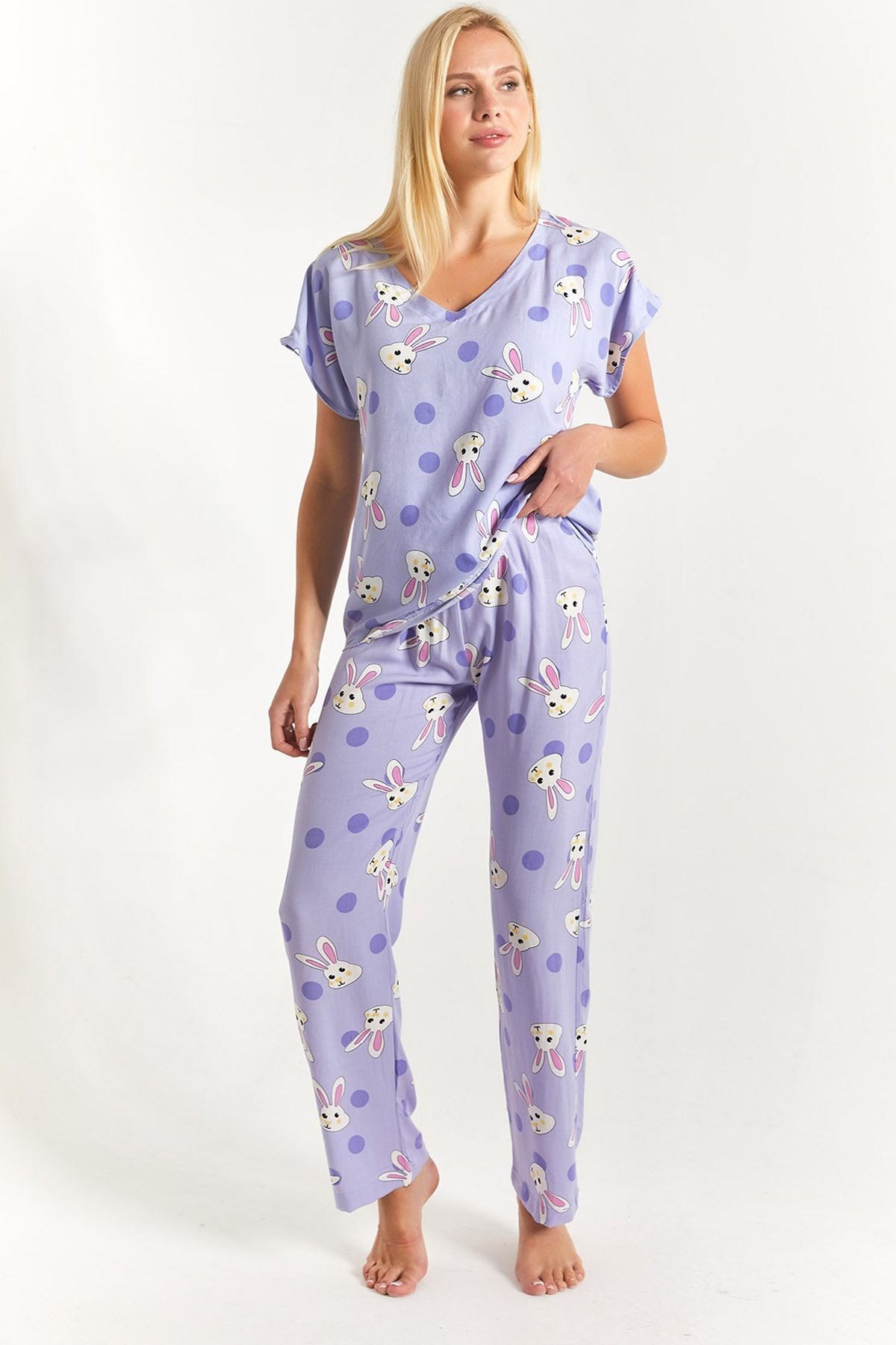 Kadın Lila Tavşan Desenli Alt-üst Pijama Takımı Arm-23y001060