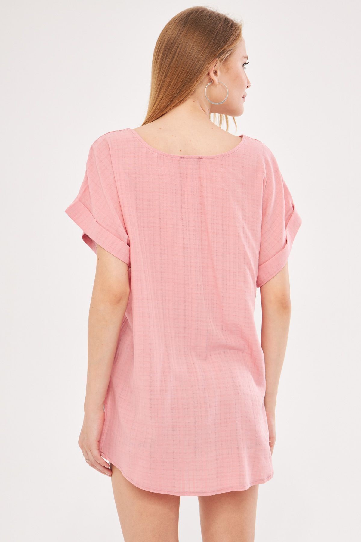 Kadın Gül Kurusu V Yaka Yanları Yırtmaçlı Arkası Uzun Duble Kol Detaylı Oversize Bluz ARM-24Y001074