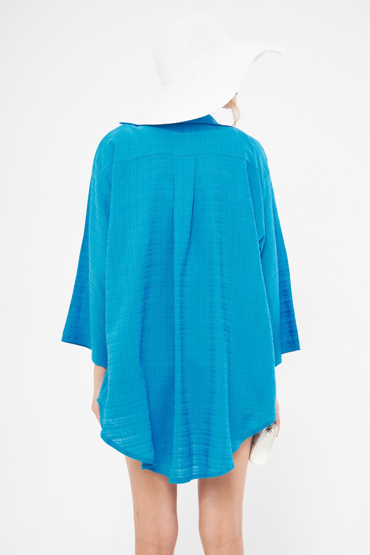 Kadın Mavi Kendinden Çizgili Önden Bağlamalı Kimono Gömlek ARM-24Y001101