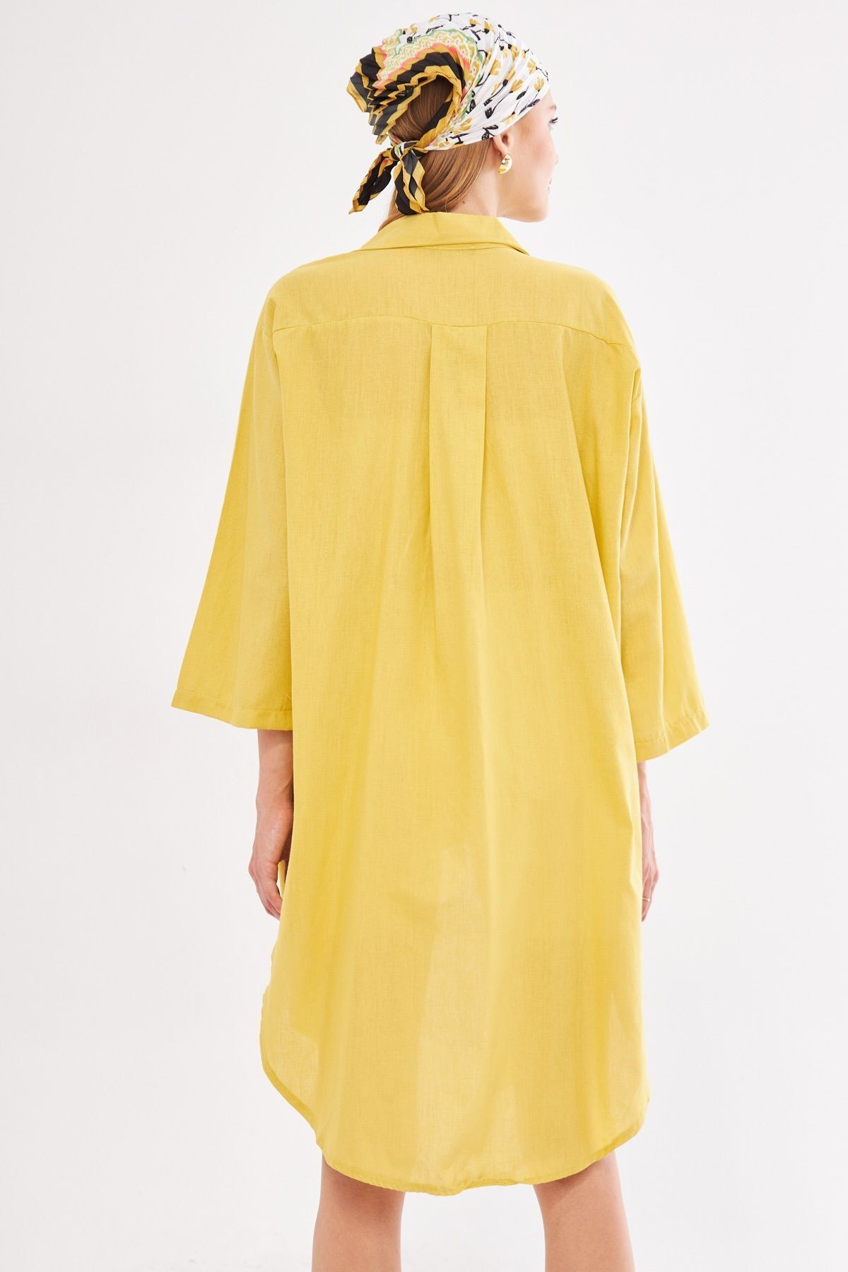 Kadın Sarı Önden Bağlamalı İnce Keten Kumaş Midi Boy Kimono Gömlek ARM-24Y001081