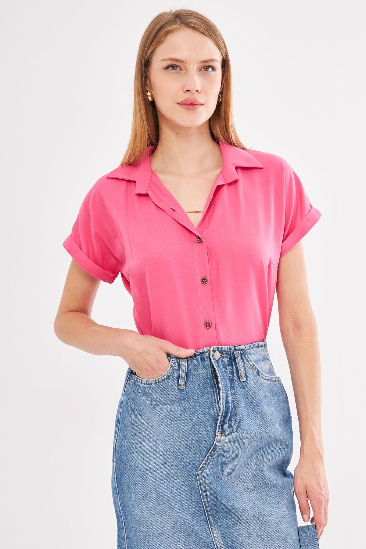 Kadın Pembe Kısa Kol Gömlek ARM-19Y001065