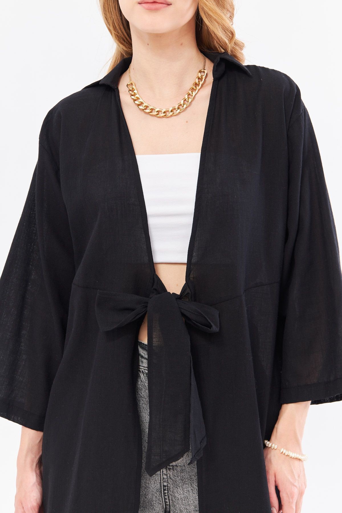 Kadın Siyah Önden Bağlamalı İnce Keten Kumaş Midi Boy Kimono Gömlek ARM-24Y001081