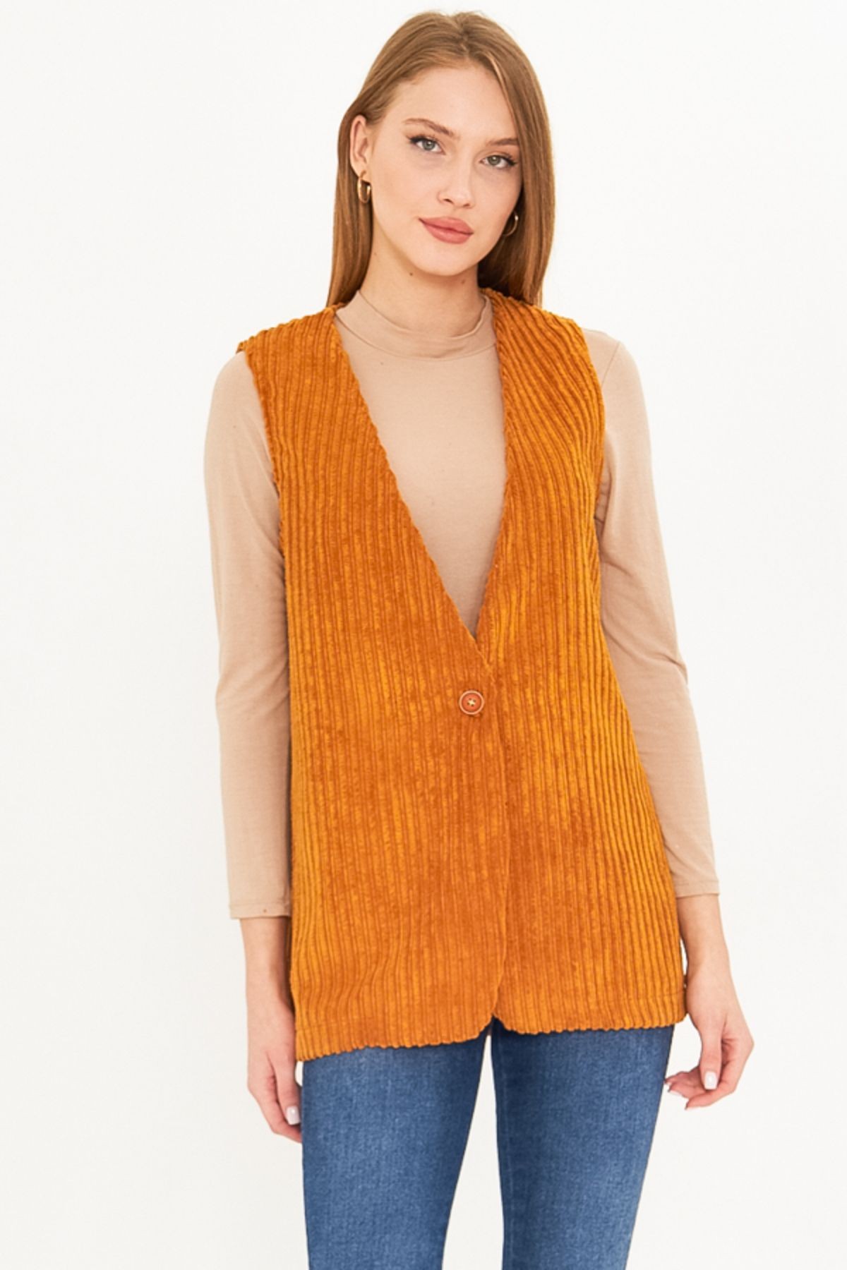 Kadın Hardal V Yaka Tek Düğmeli Oversize Kalın Fitilli Kadife Yelek ARM-25K001016