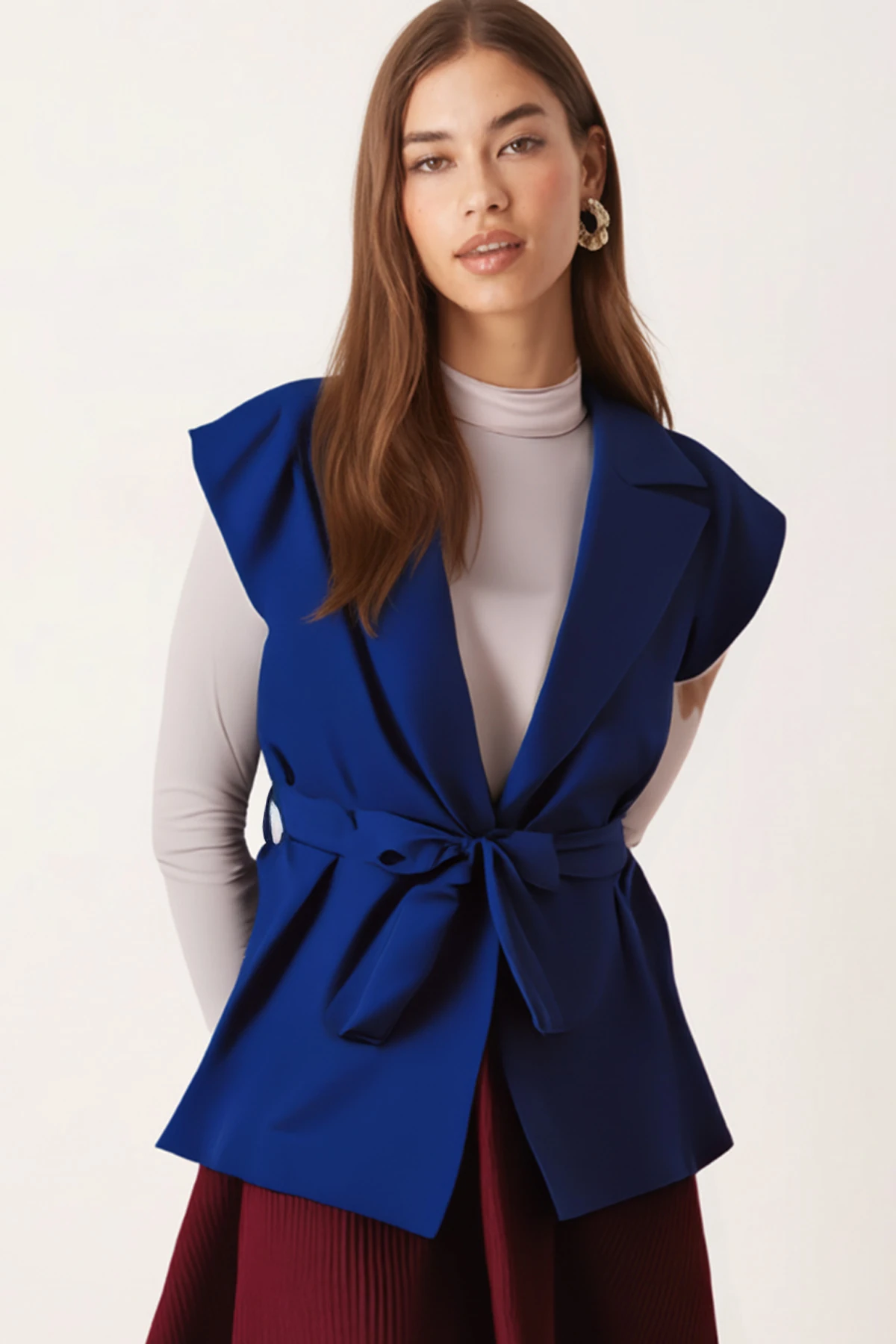 Kadın Saks Erkek Yaka Beli Kuşaklı Keten Görünümlü Yelek ARM-25Y001079