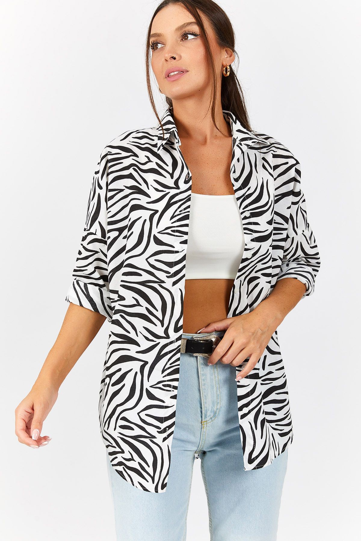 Kadın Siyah Zebra Desen Oversize Uzun Basic Gömlek Arm-22Y001145