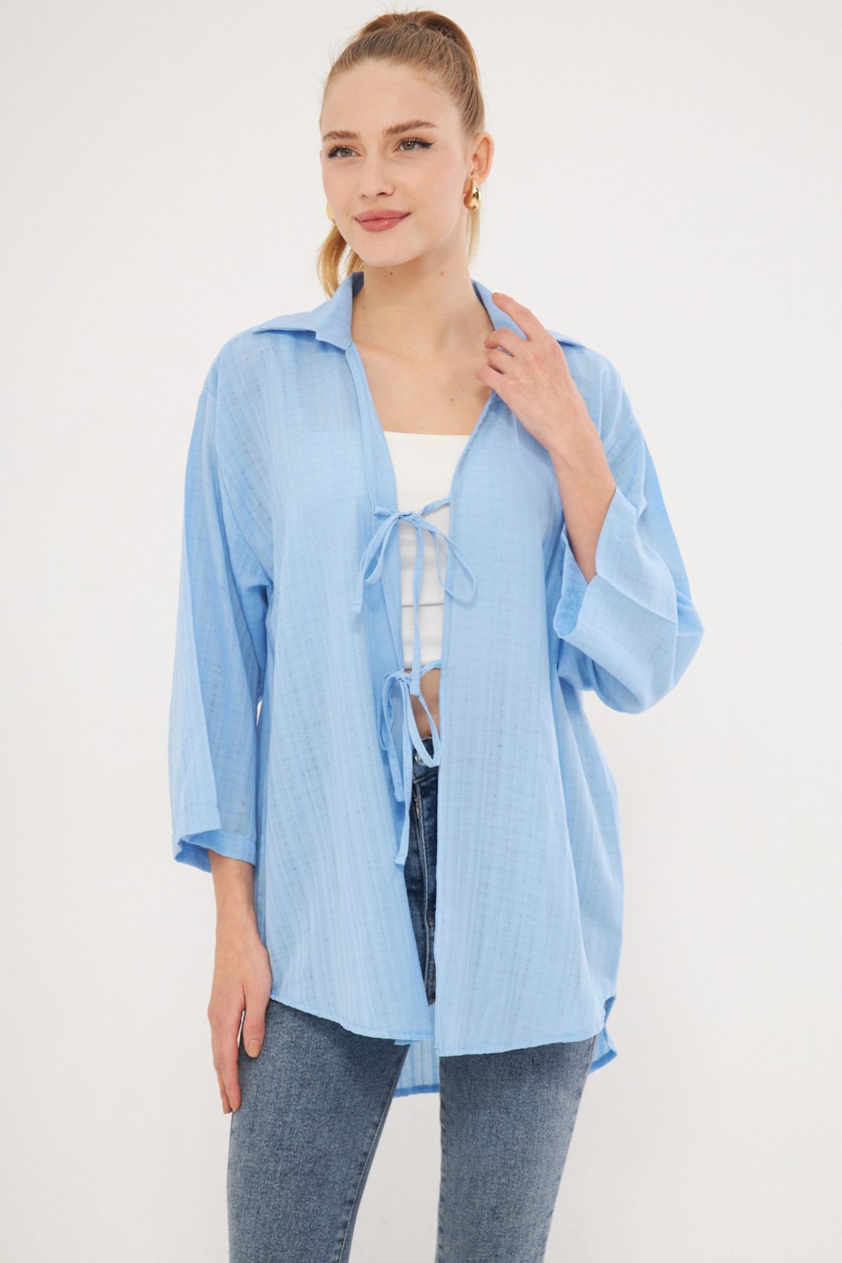 Kadın Bebe Mavi Gömlek Yakalı Önden Bağcıklı Kimono Gömlek ARM-25K001006