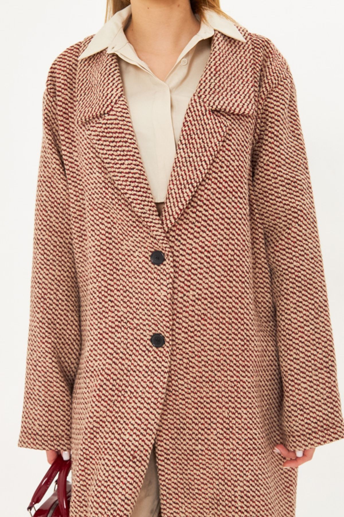 Kadın Kırmızı Oversize Desenli Kaşe Kaban ARM-25K001099