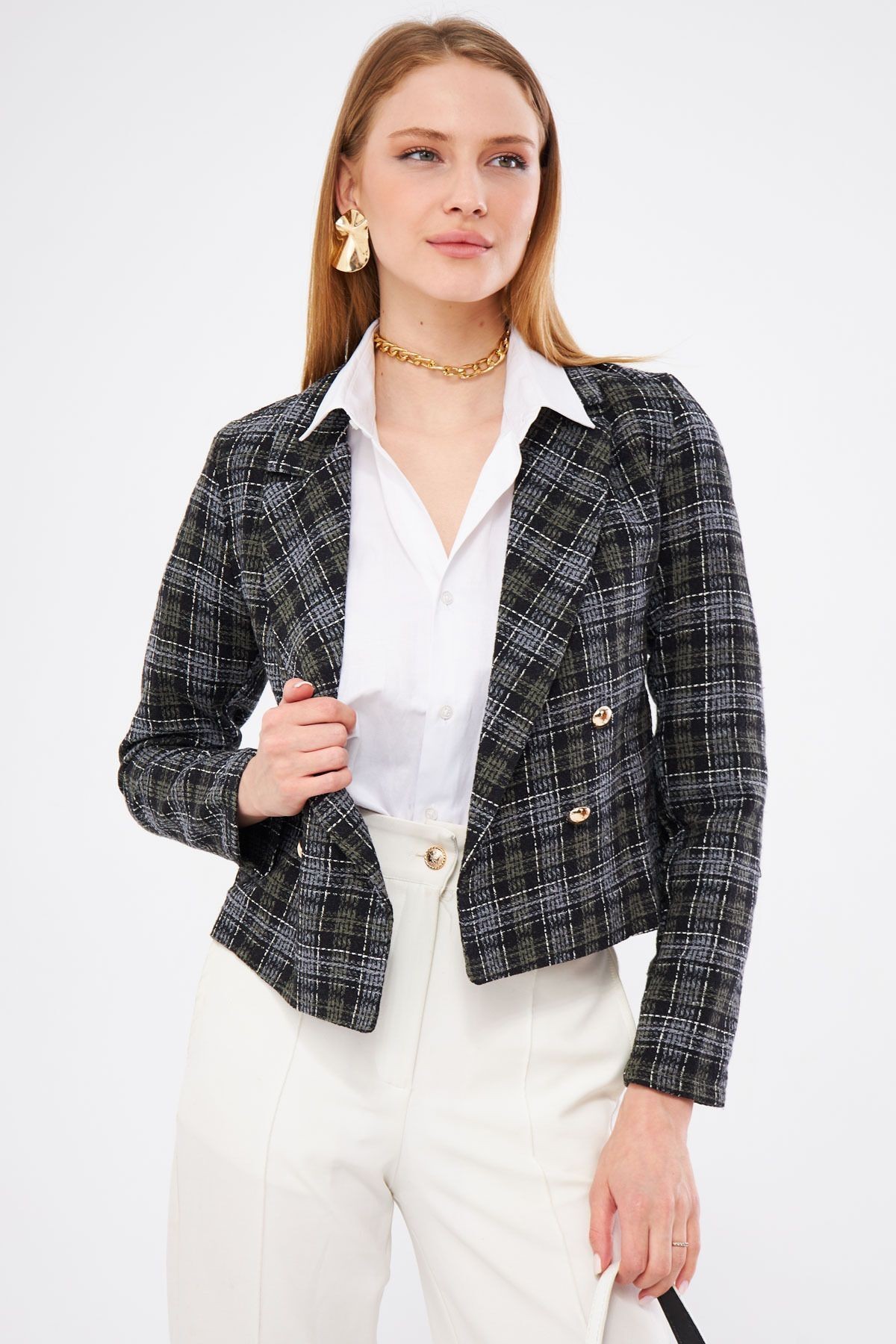 Kadın Haki Kruvaze Yaka Tüvit Crop Ceket ARM-24K001014