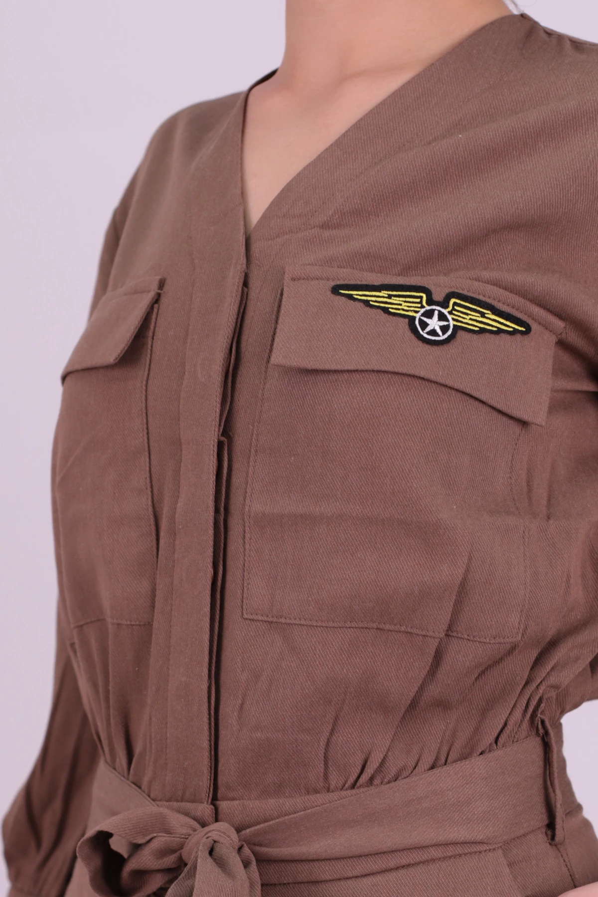 Kadın Vizon V Yaka Beli Kemerli Cepli Tulum ARM-26K136044