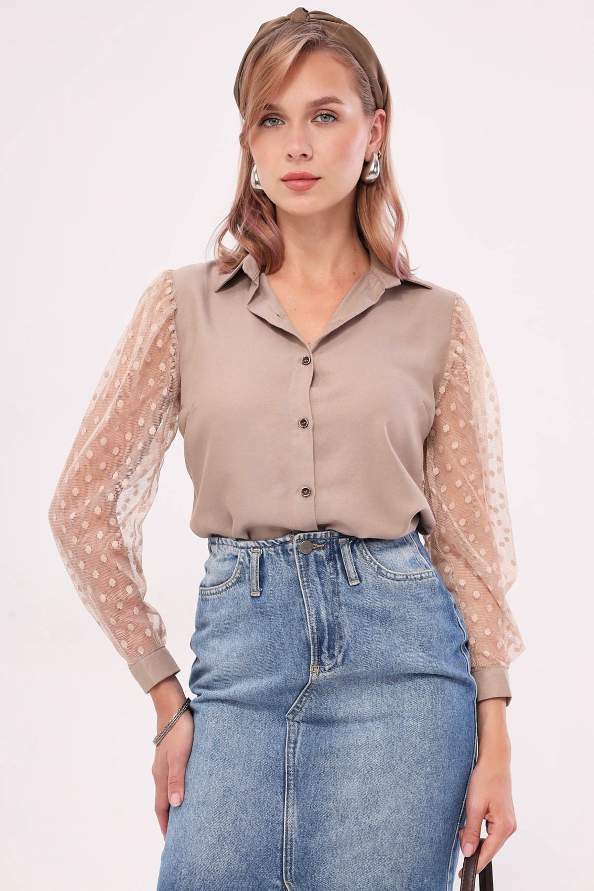 Kadın Bej Kolları Tül Gömlek ARM-20K001068