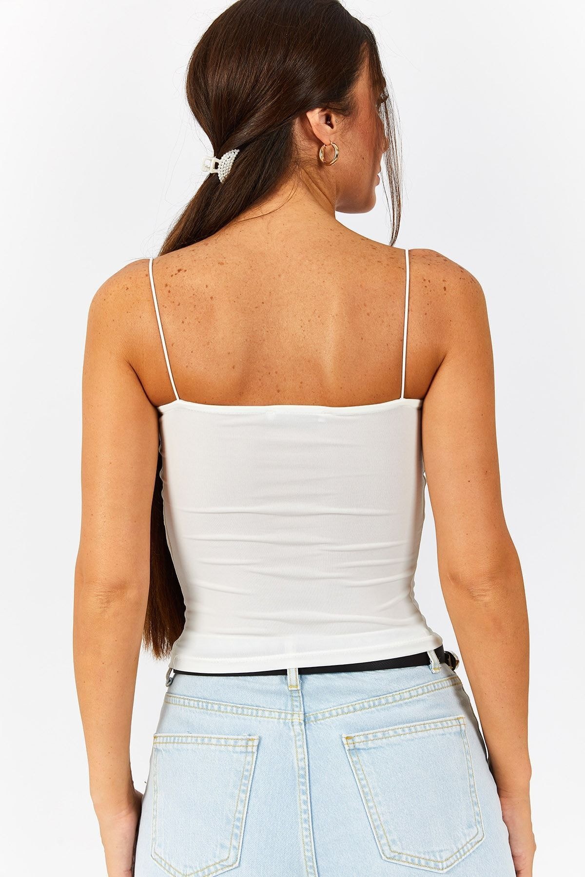 Kadın Ekru Ip Askılı Astarlı Crop Bluz Arm-22Y055003