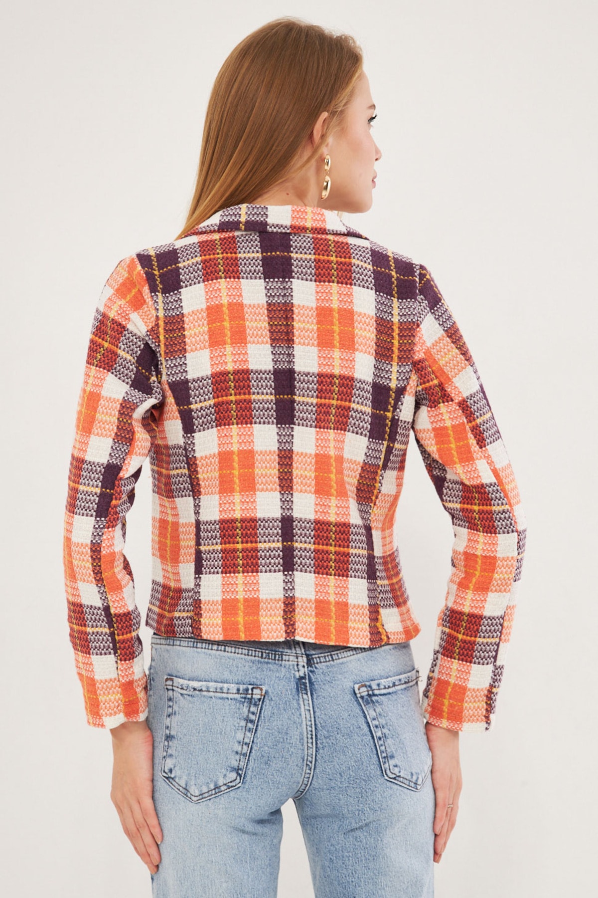 Kadın Mürdüm-Beyaz Kruvaze Yaka Tüvit Crop Ceket  ARM-24K001014