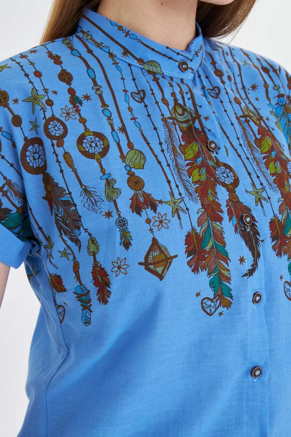Kadın Mavi Hakim Yaka Kısa Kollu Gömlek ARM-25Y001040