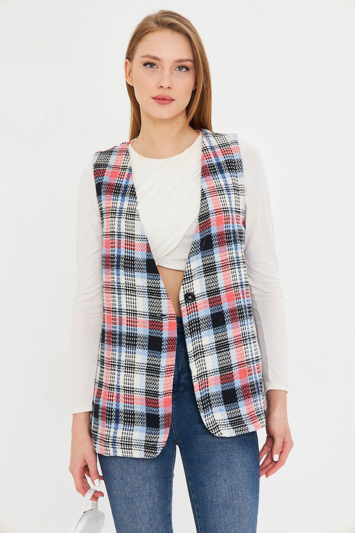 Kadın Bebe Mavi V Yaka Tek Düğmeli Oversize Ekoseli Yelek ARM-25K001111