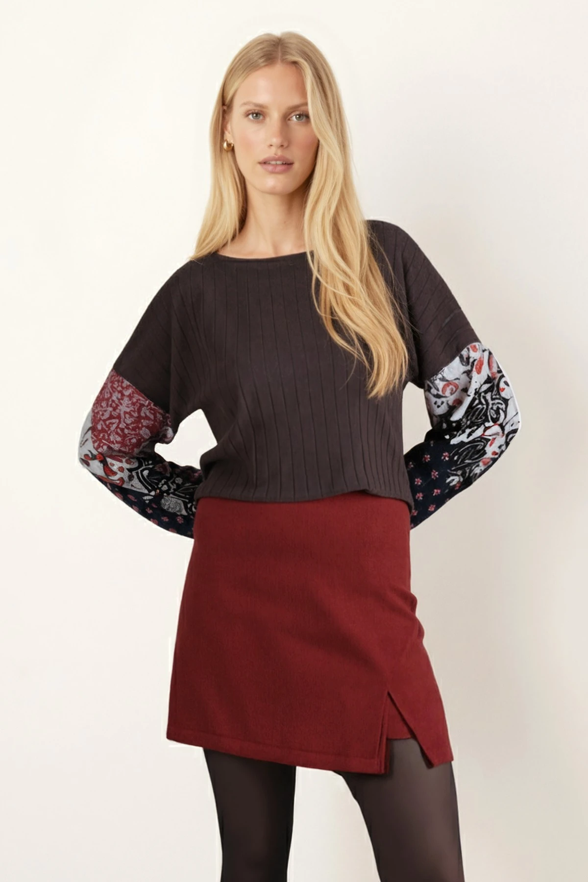 Kadın Koyu Kahve Kolu Desenli Balonlu Triko Kazak ARM-20K081001