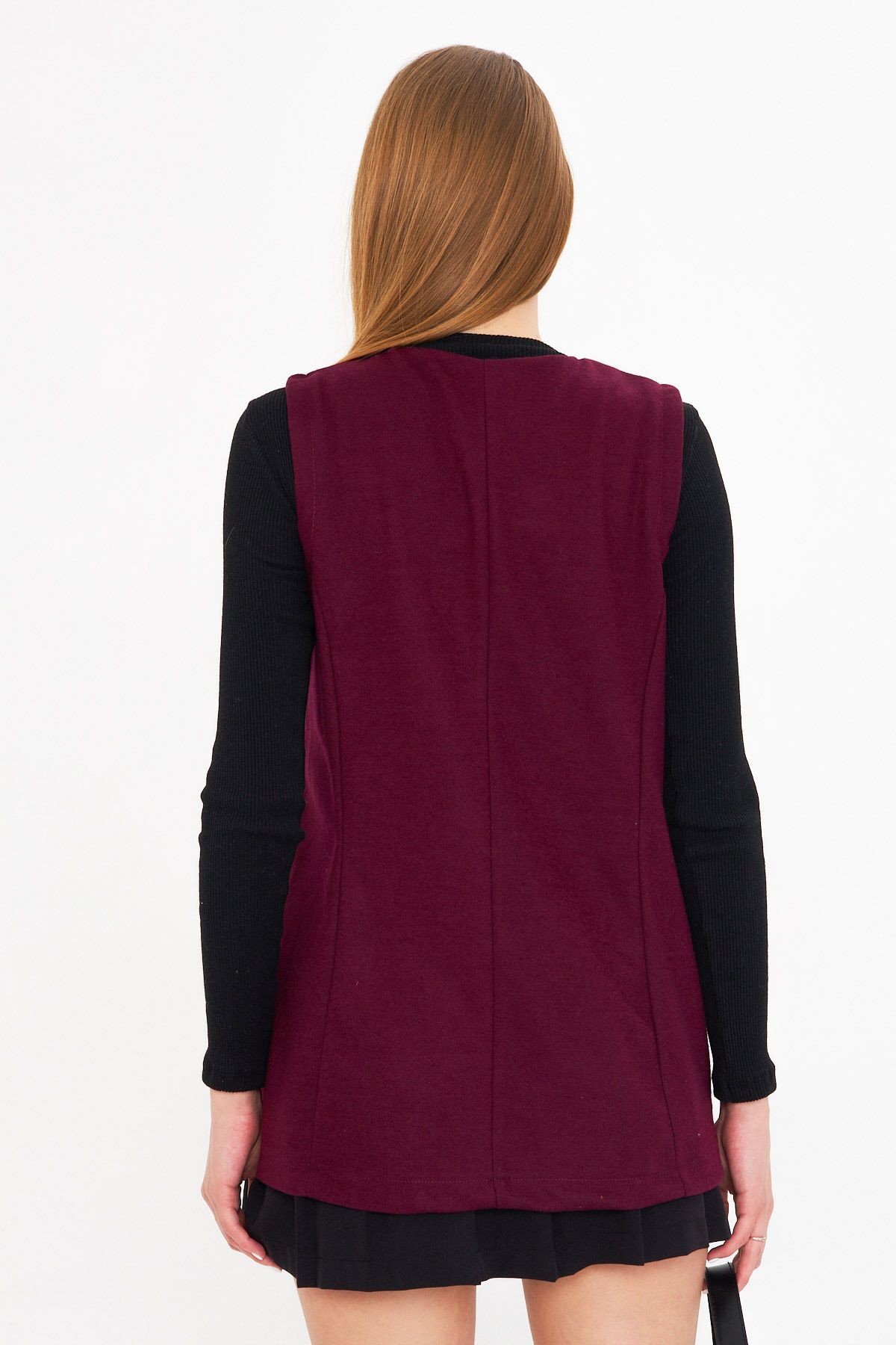 Kadın Mürdüm V Yaka Tek Düğmeli Oversize Desenli Yelek ARM-25K001110