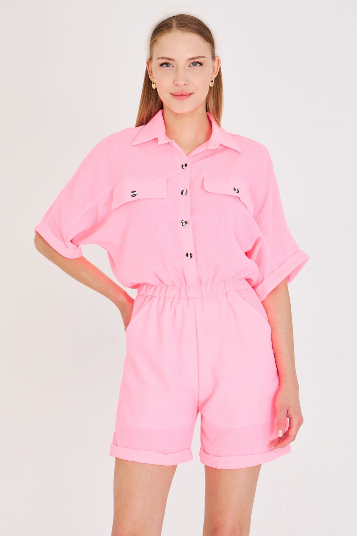 Kadın Neon Pembe Yarasa Kol Cepli Beli Lastikli Şortlu Tulum ARM-23Y001075