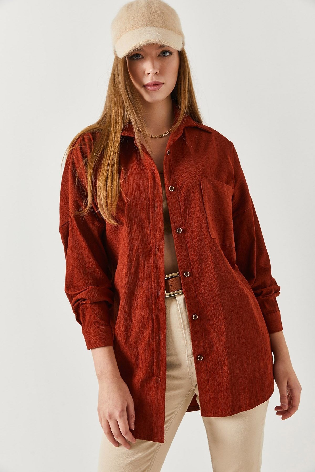 Kadın Kiremit Cepli Oversize Kadife Uzun Basic Gömlek ARM-22Y001193