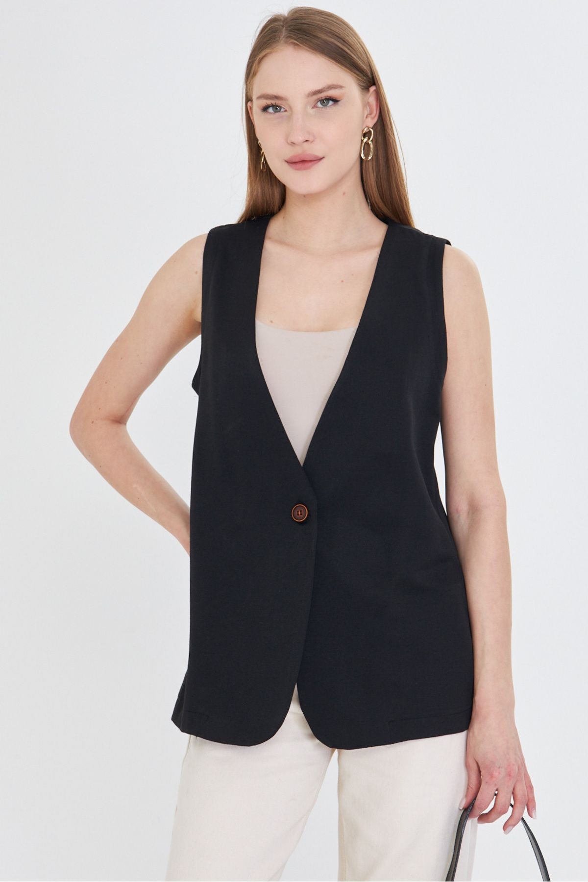 Kadın Siyah V Yaka Tek Düğme Oversize Yelek ARM-25Y001036
