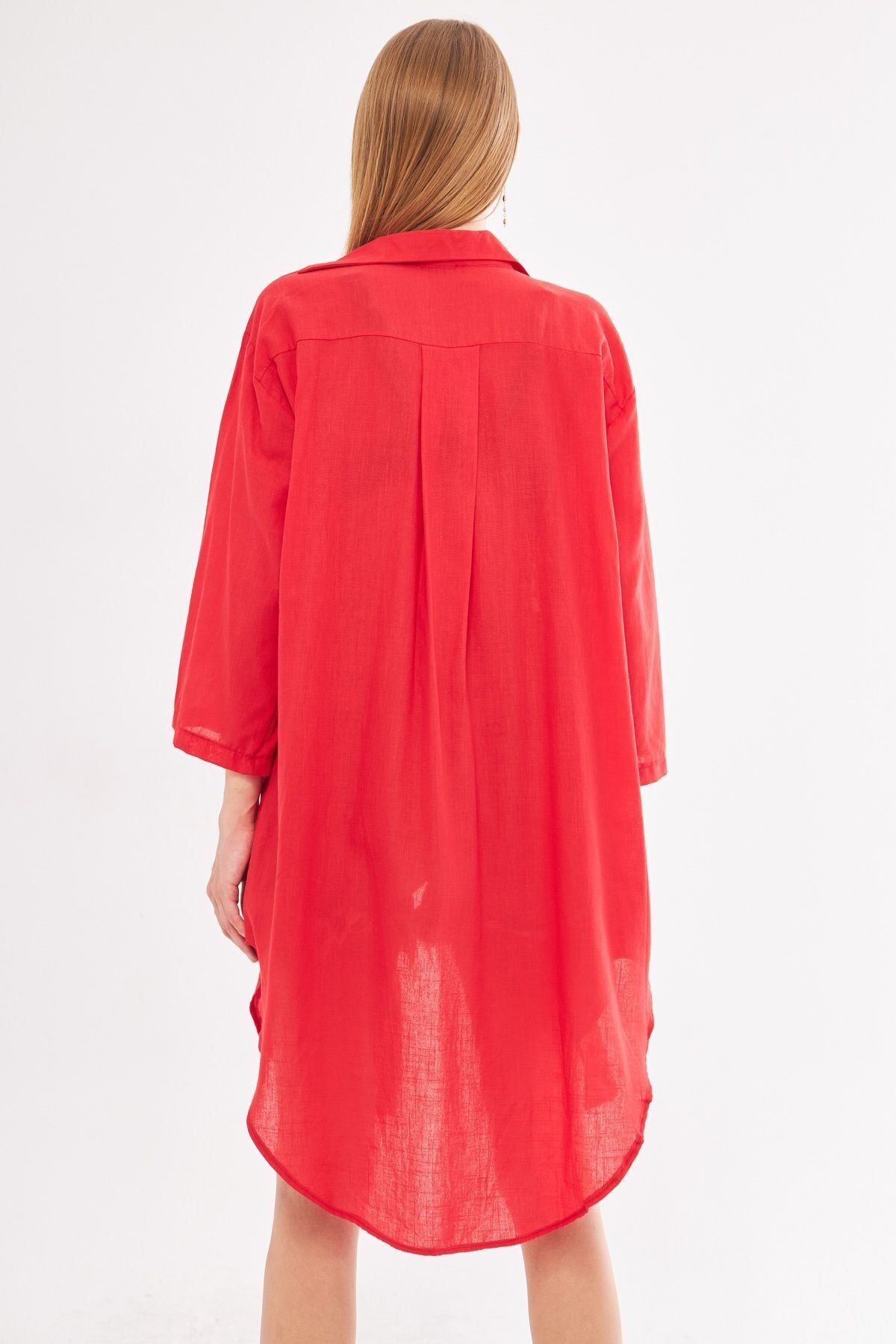 Kadın Kırmızı Önden Bağlamalı İnce Keten Kumaş Midi Boy Kimono Gömlek ARM-24Y001081