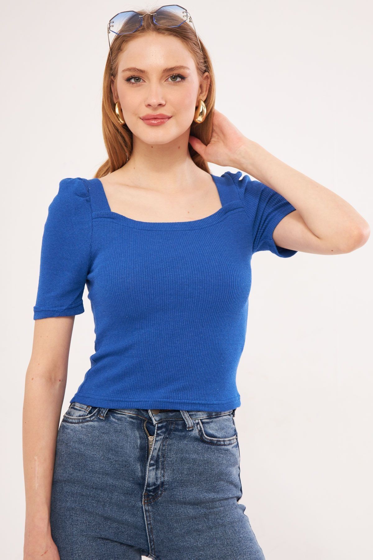 Kadın Saks Ön Arka Kare Yaka Karpuz Kol Fitilli Bluz ARM-24Y133004