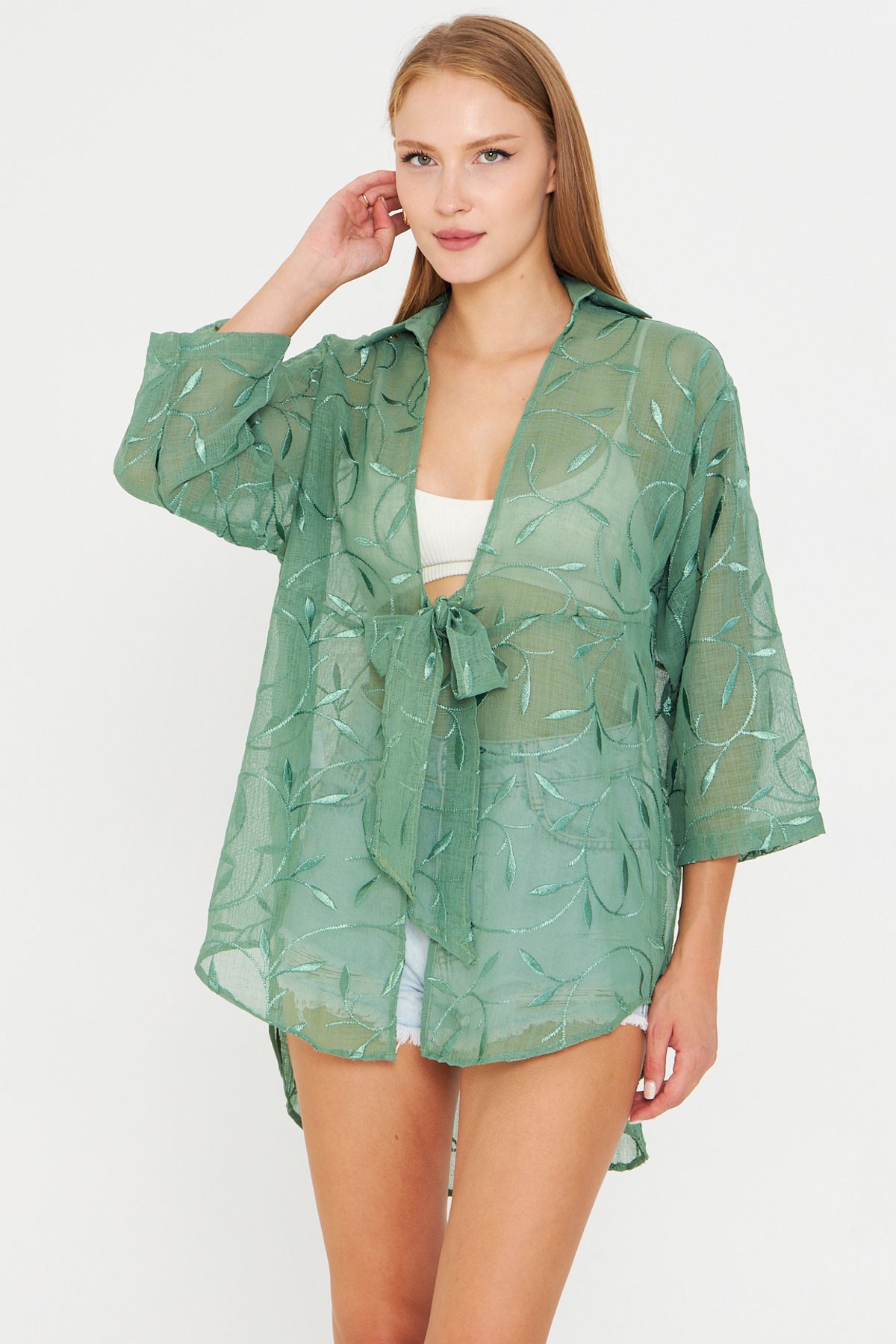 Kadın Açık Yeşil Önden Bağlamalı Kimono Gömlek ARM-25Y001108