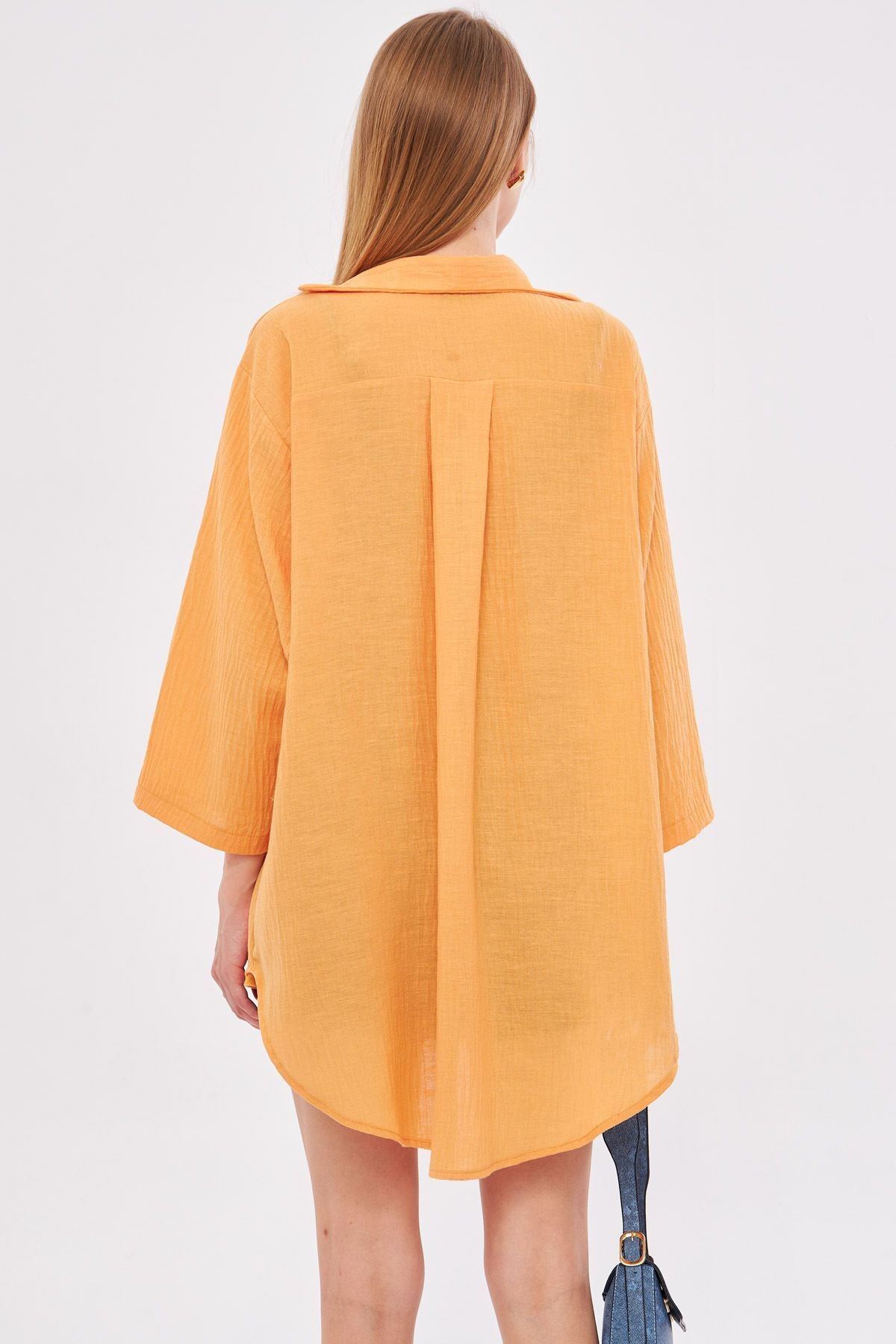 Kadın Yavruağzı Keten Görünümlü Önden Bağlamalı Kimono Gömlek ARM-24Y001063