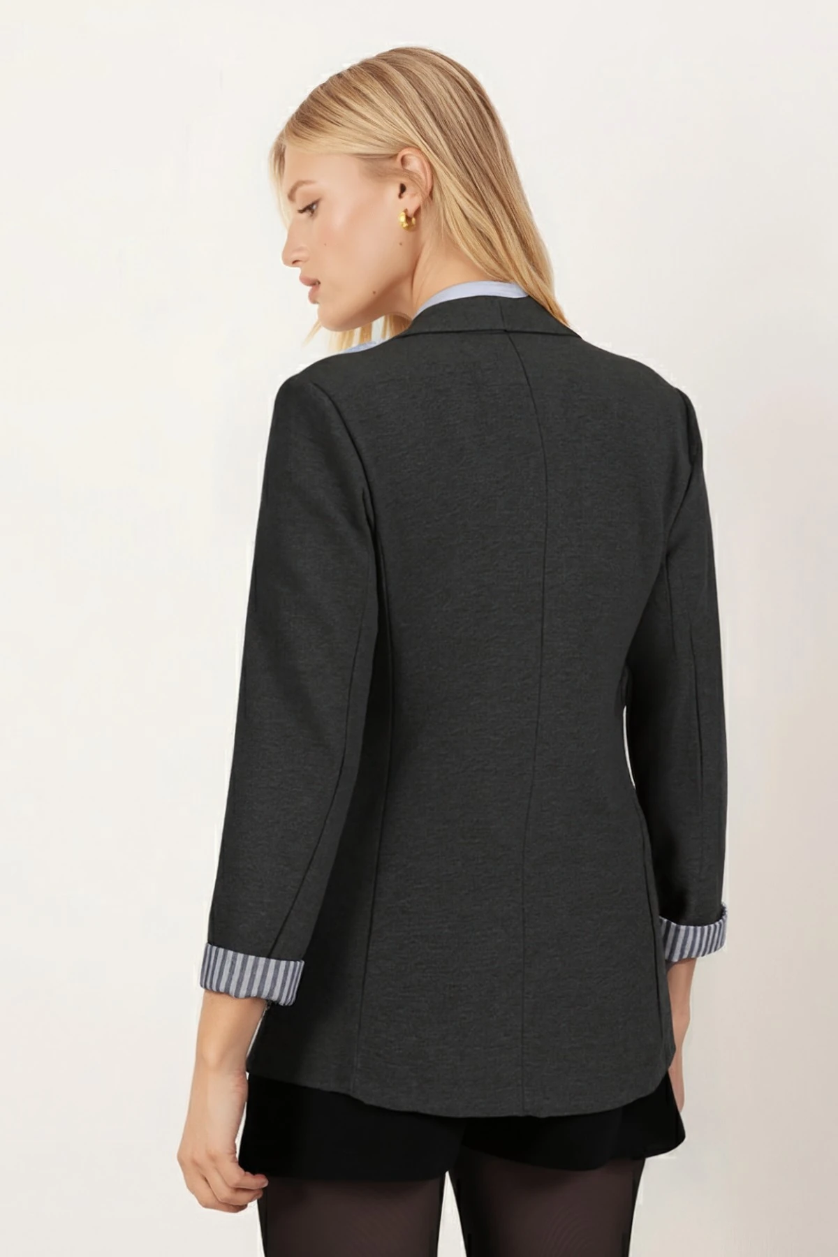 Kadın Koyu Haki Kol İçi Çizgili Tek Düğmeli Ceket ARM-22K001122