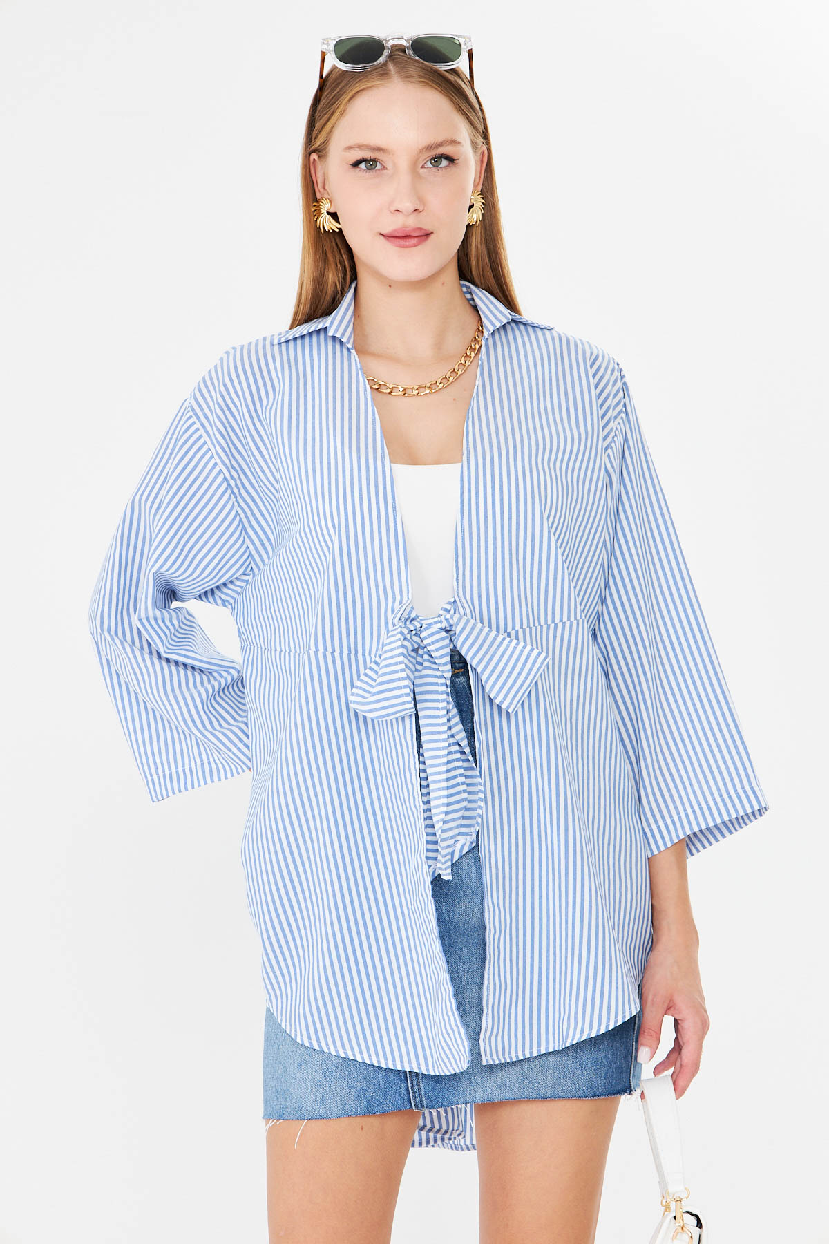 Kadın Mavi Çizgili Önden Bağlamalı Kimono Gömlek ARM-25Y001085