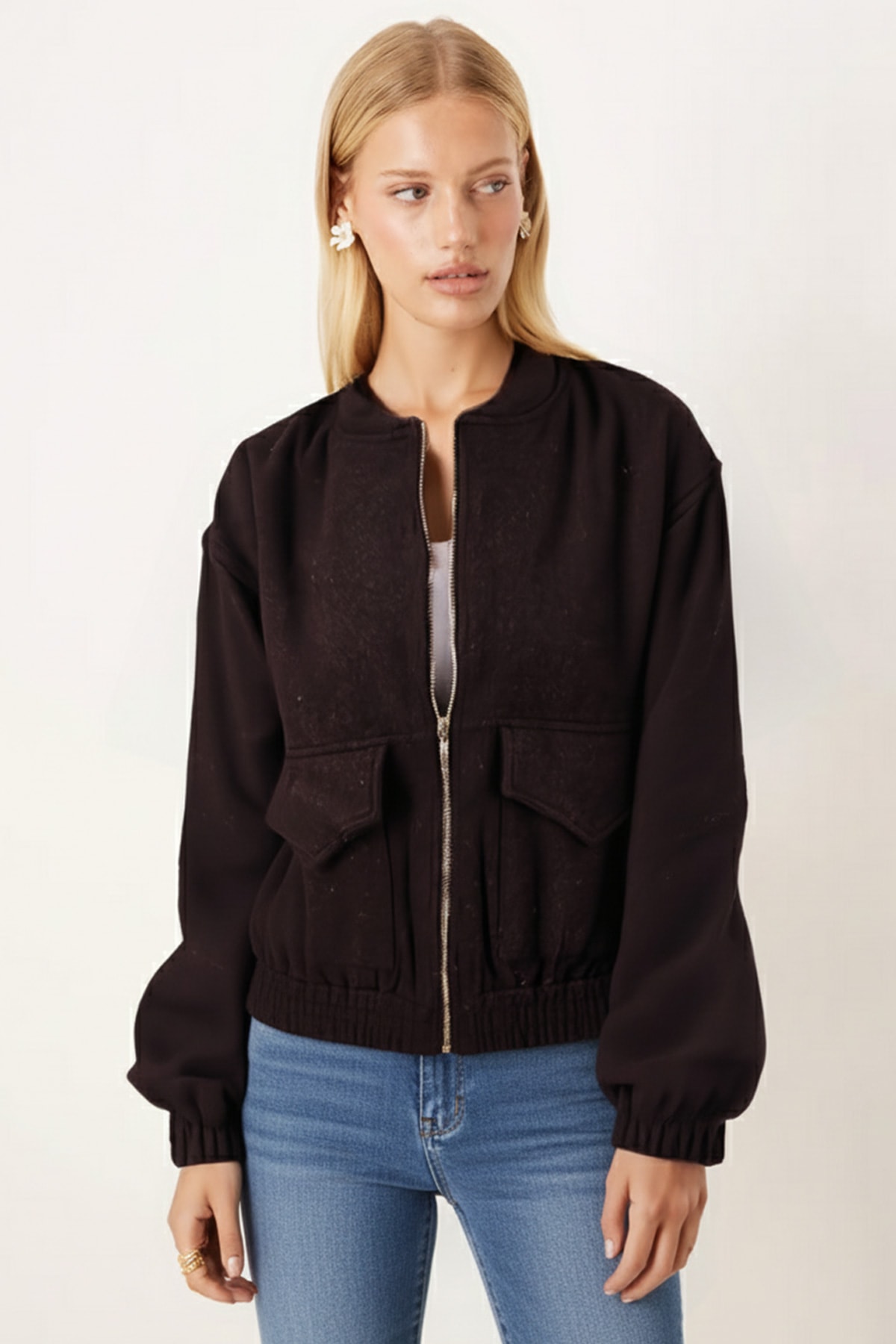 Kadın Kahve Cepli Kolları Ve Beli Lastikli Bomber Kaşe Mont ARM-26K001027