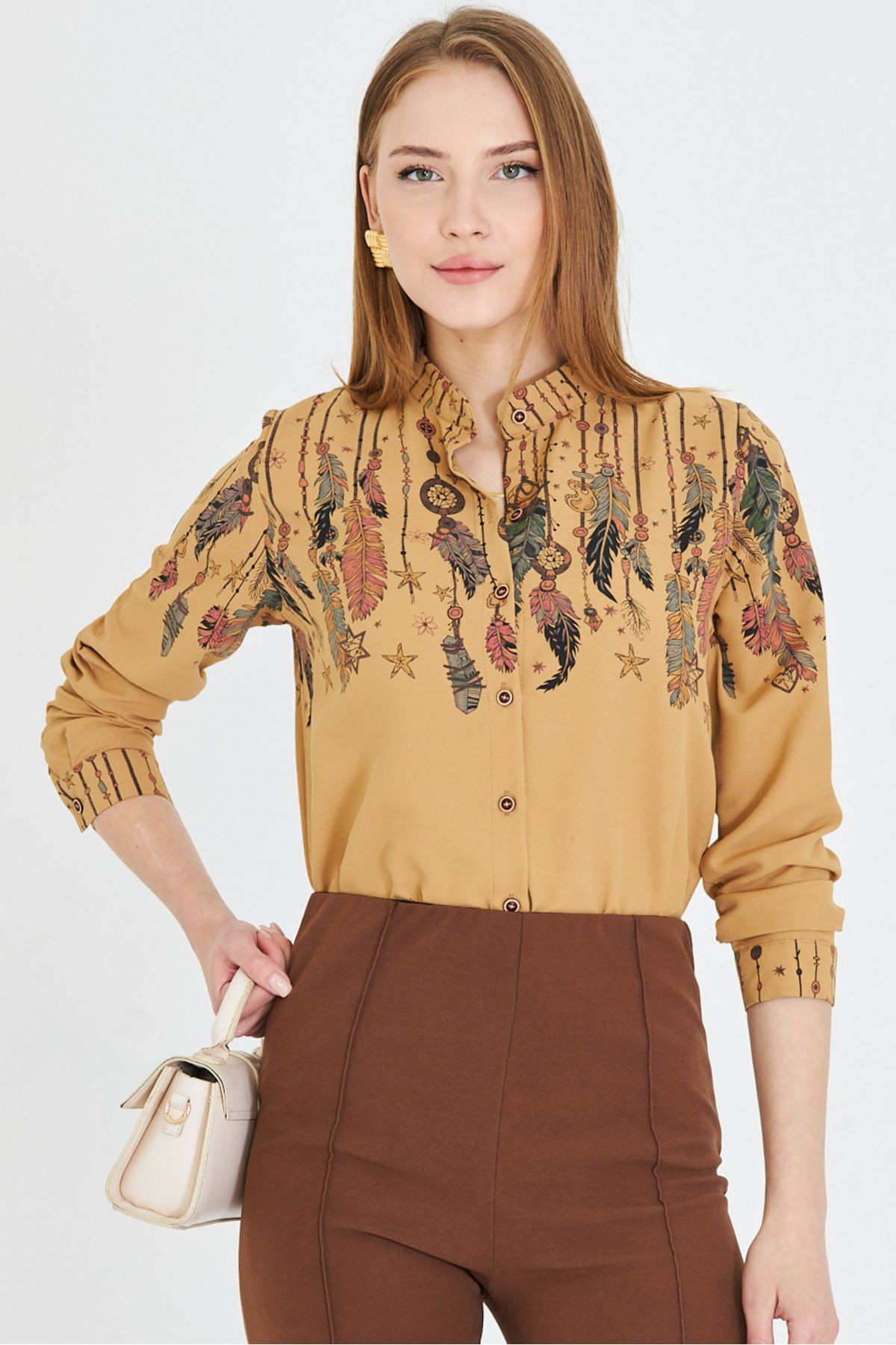 Kadın Camel Hakim Yaka Desenli Gömlek ARM-25Y001013