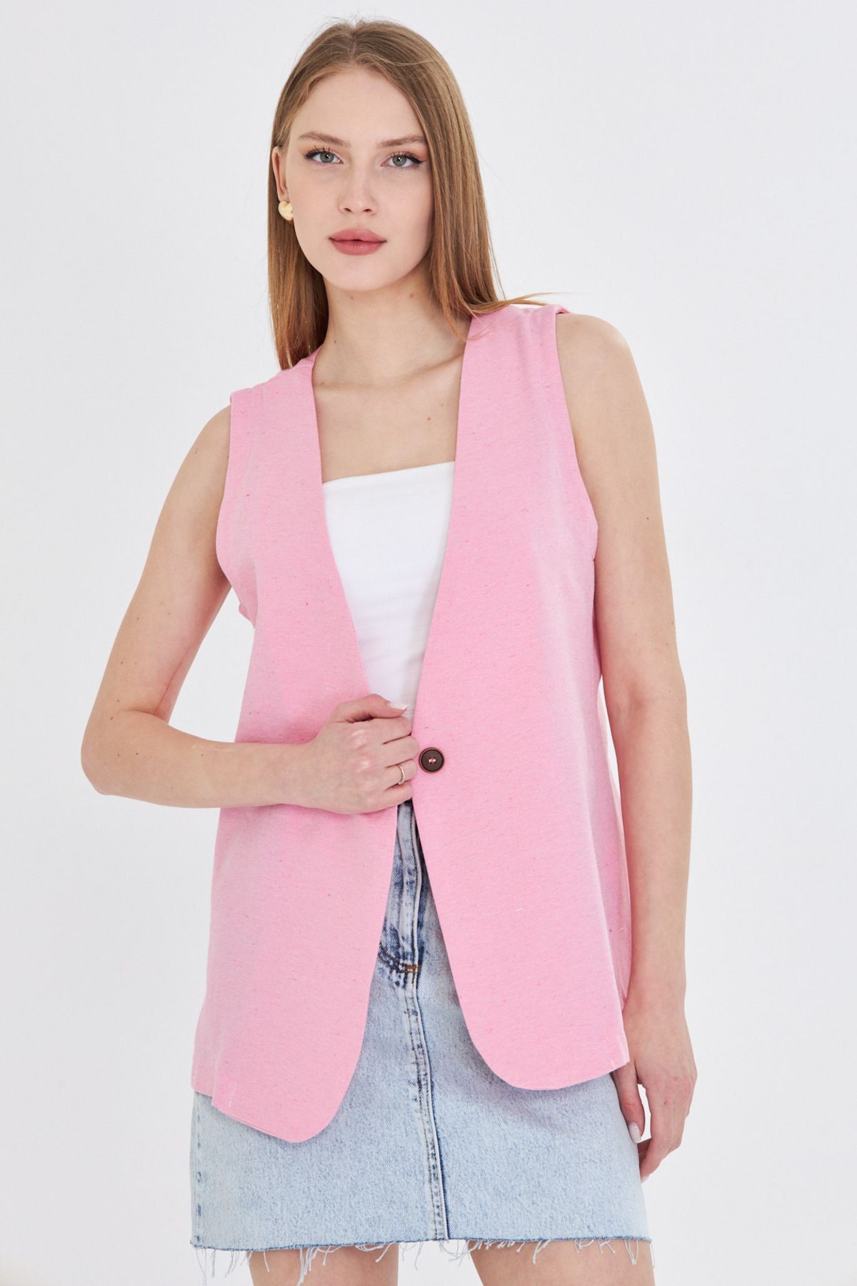 Kadın Pembe V Yaka Tek Düğme Oversize Yelek ARM-25Y001036