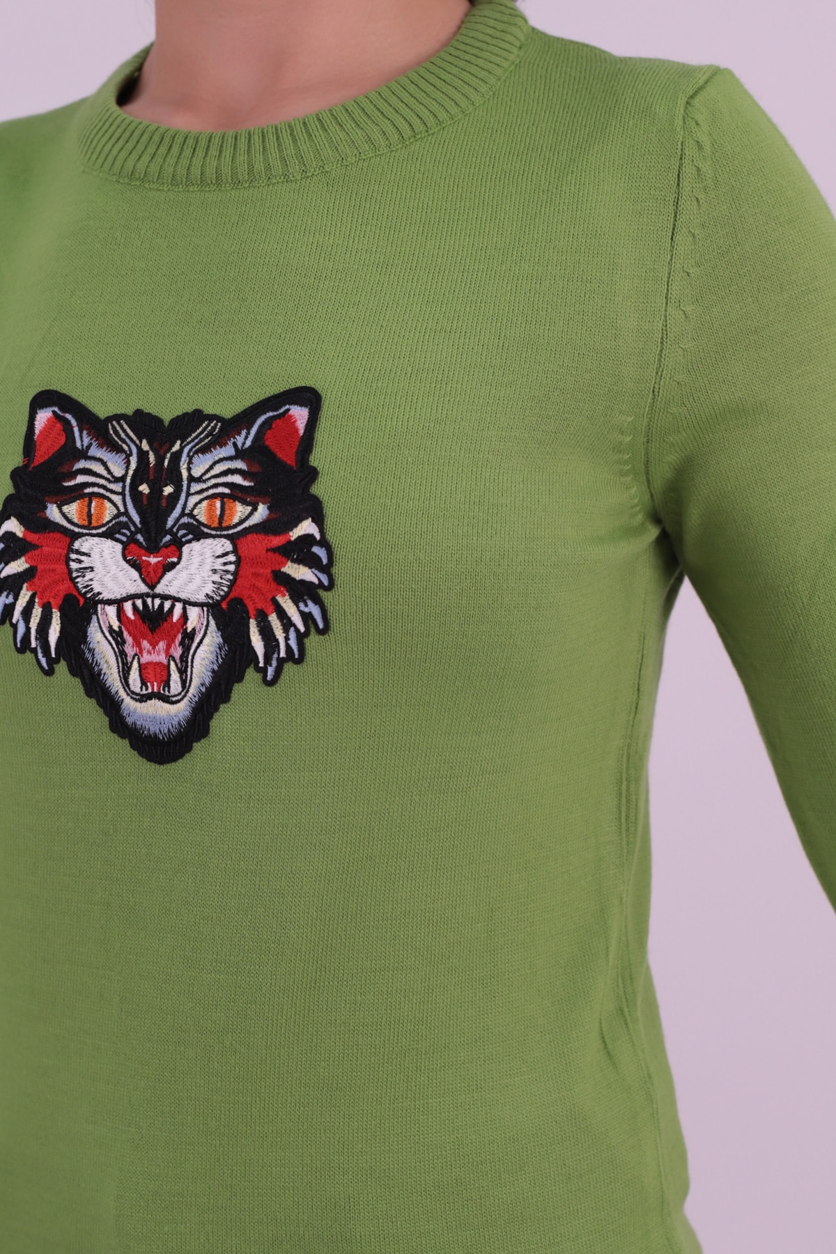 Kadın Açık Yeşil Bisiklet Yaka Aplikeli Kazak ARM-26K136002