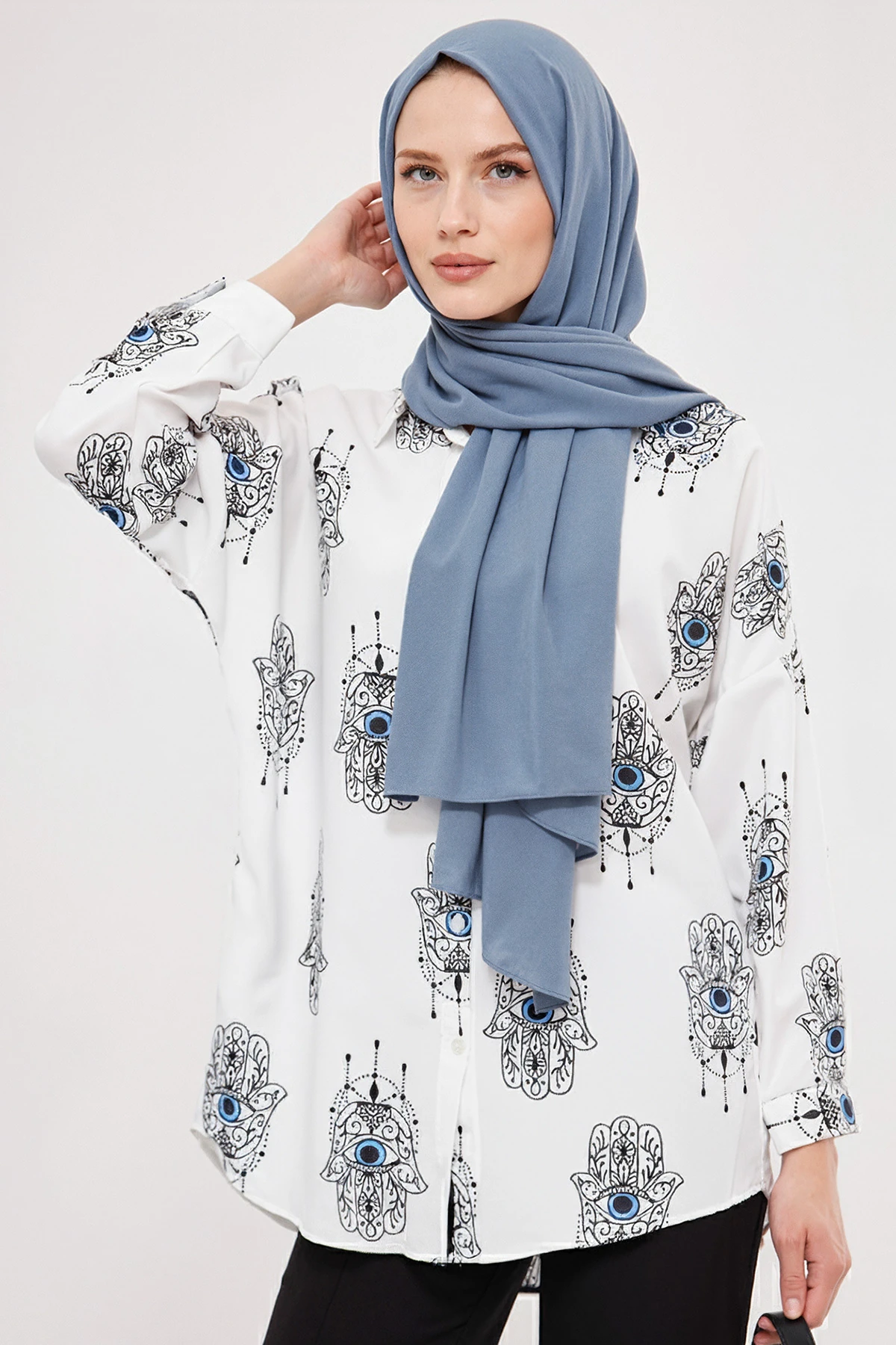 Kadın Açık Mavi Desenli Oversize Uzun Basic Tesettür Gömlek ARM-26K001075