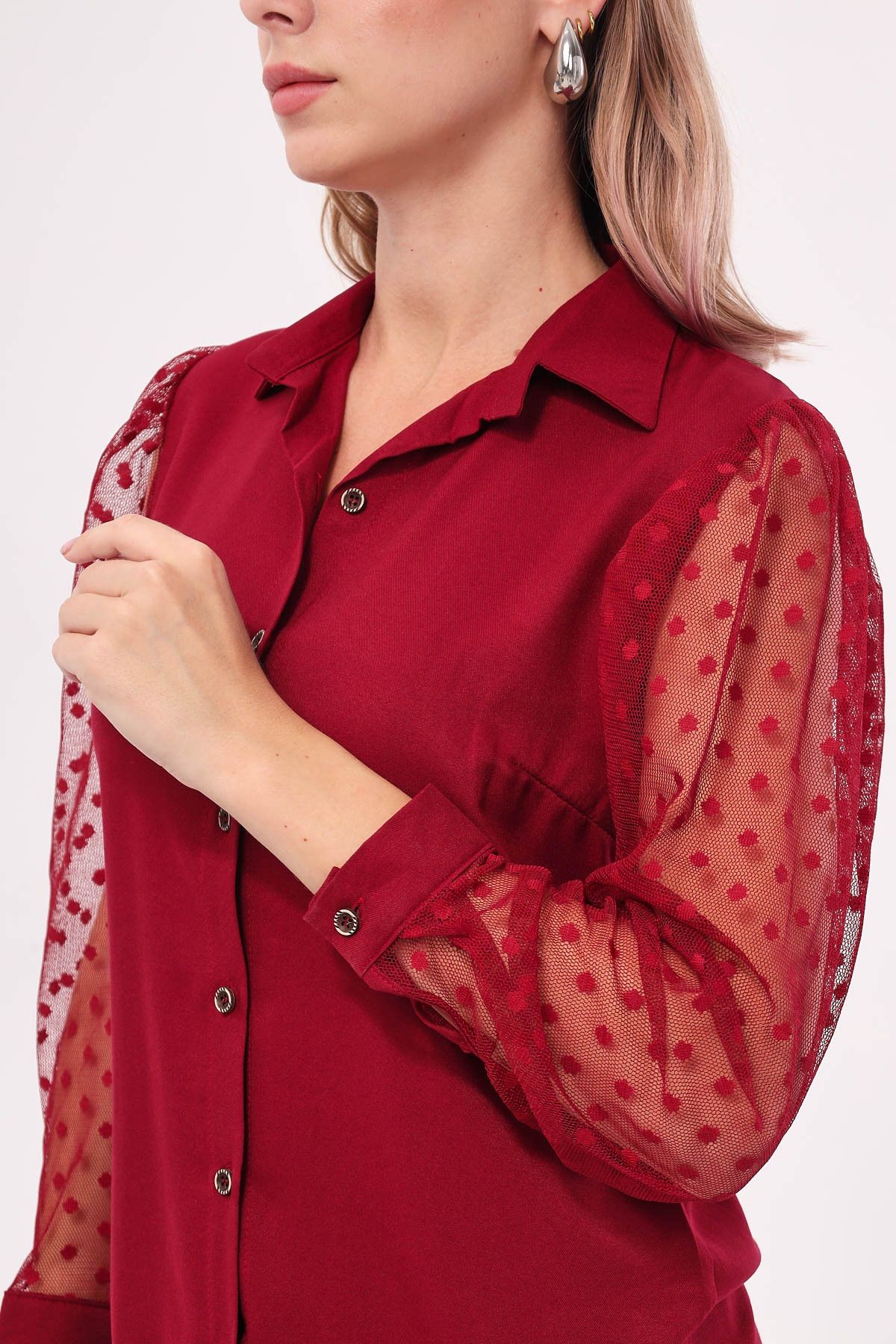 Kadın Bordo Kolları Tül Gömlek ARM-20K001068