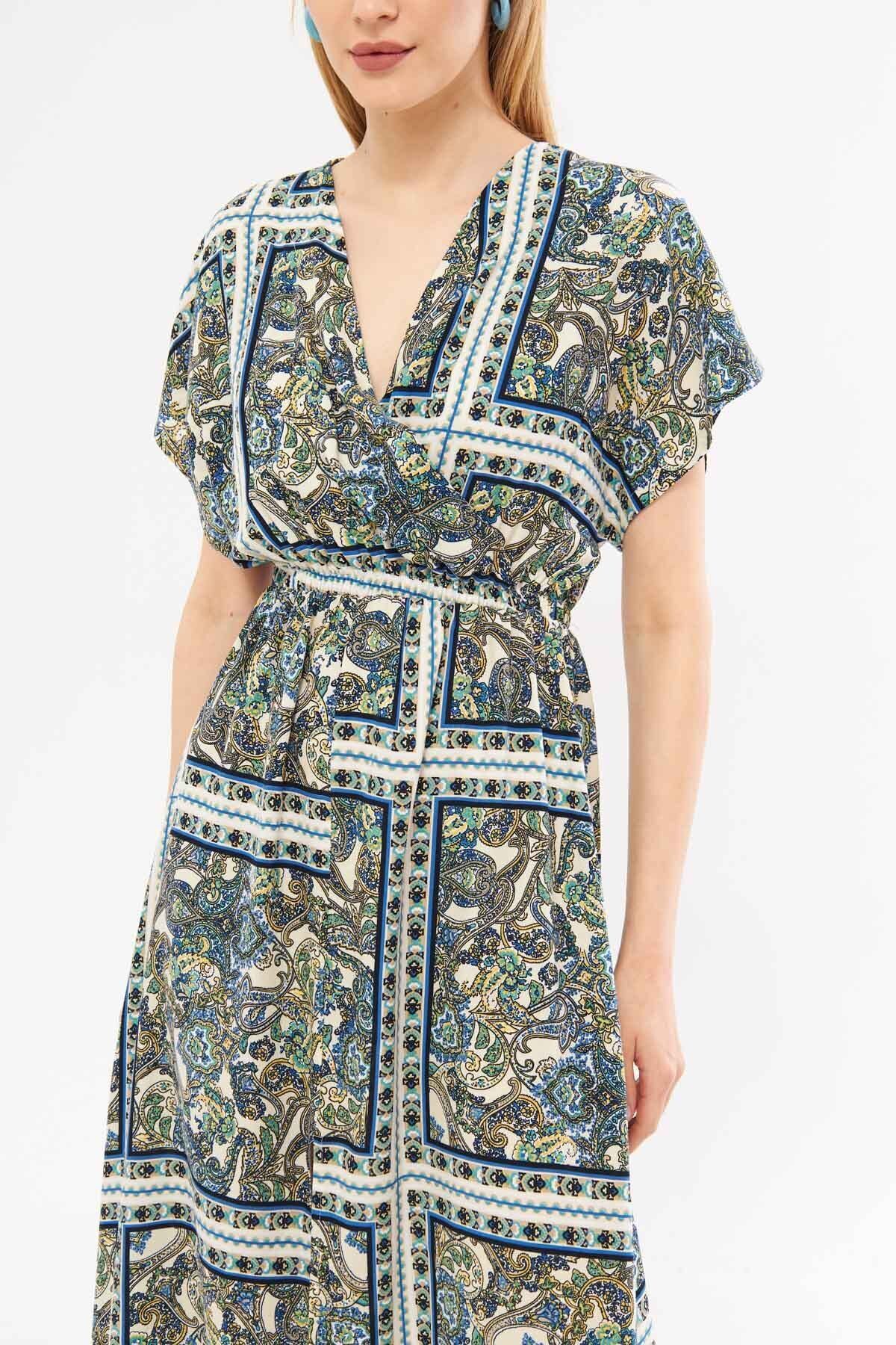 Kadın Lacivert Kruvaze Yaka Yarasa Kol Beli Lastikli Önden Yırtmaçlı Uzun Elbise ARM-24Y001059