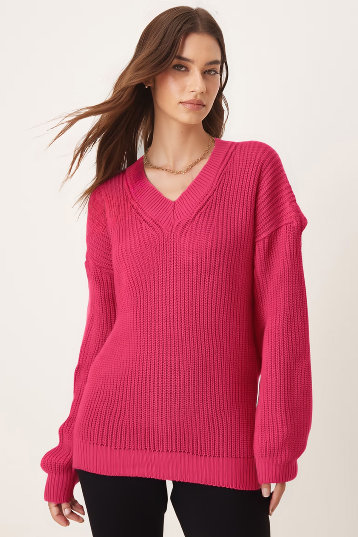 Kadın Fuşya V Yaka Triko Kazak ARM-26K136023