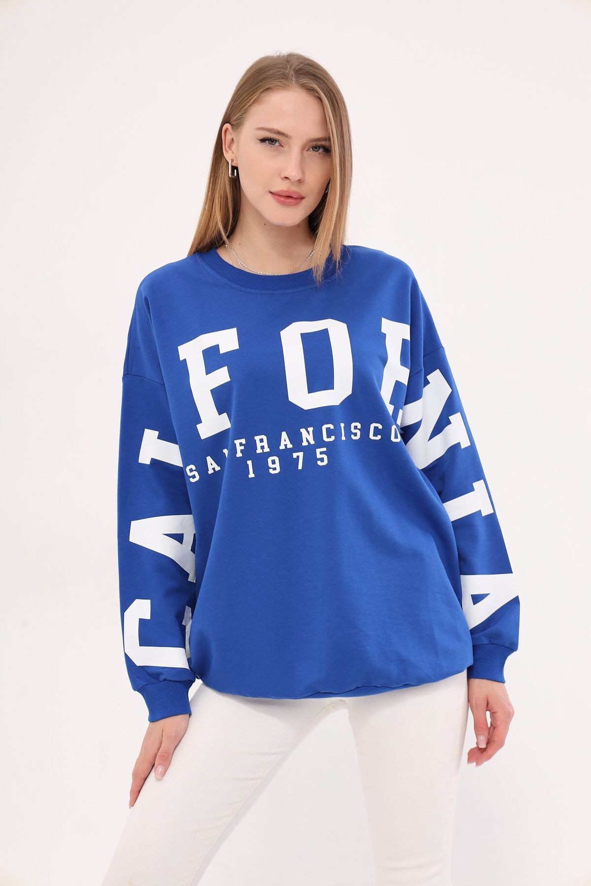 Kadın Saks Bisiklet Yaka Calıfornıa Baskılı Oversize Sweatshirt ARM-25K001023
